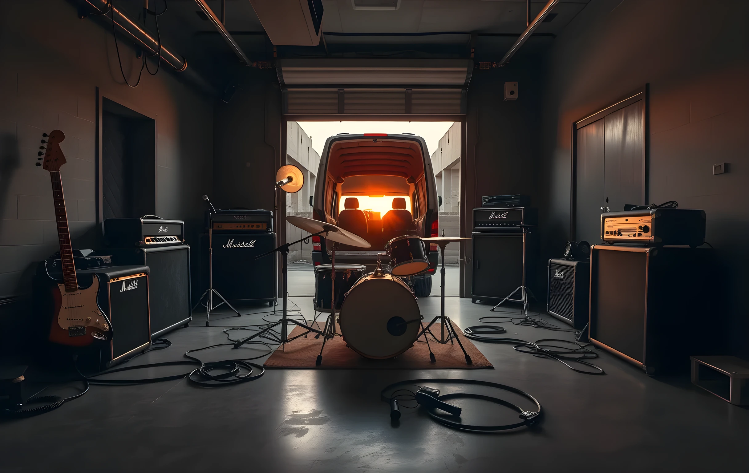 A wide-angle view of a small rehearsal room at golden hour: a battered drum kit sits center-frame with cymbals catching amber light, mismatched amplifiers and a bass guitar on a stand line the left wall, thick cables snake across a stained concrete floor toward an open garage door in the background where the rear of a dented tour van is visible under a dusky orange sky, the room feels lived-in and unpolished, no people present