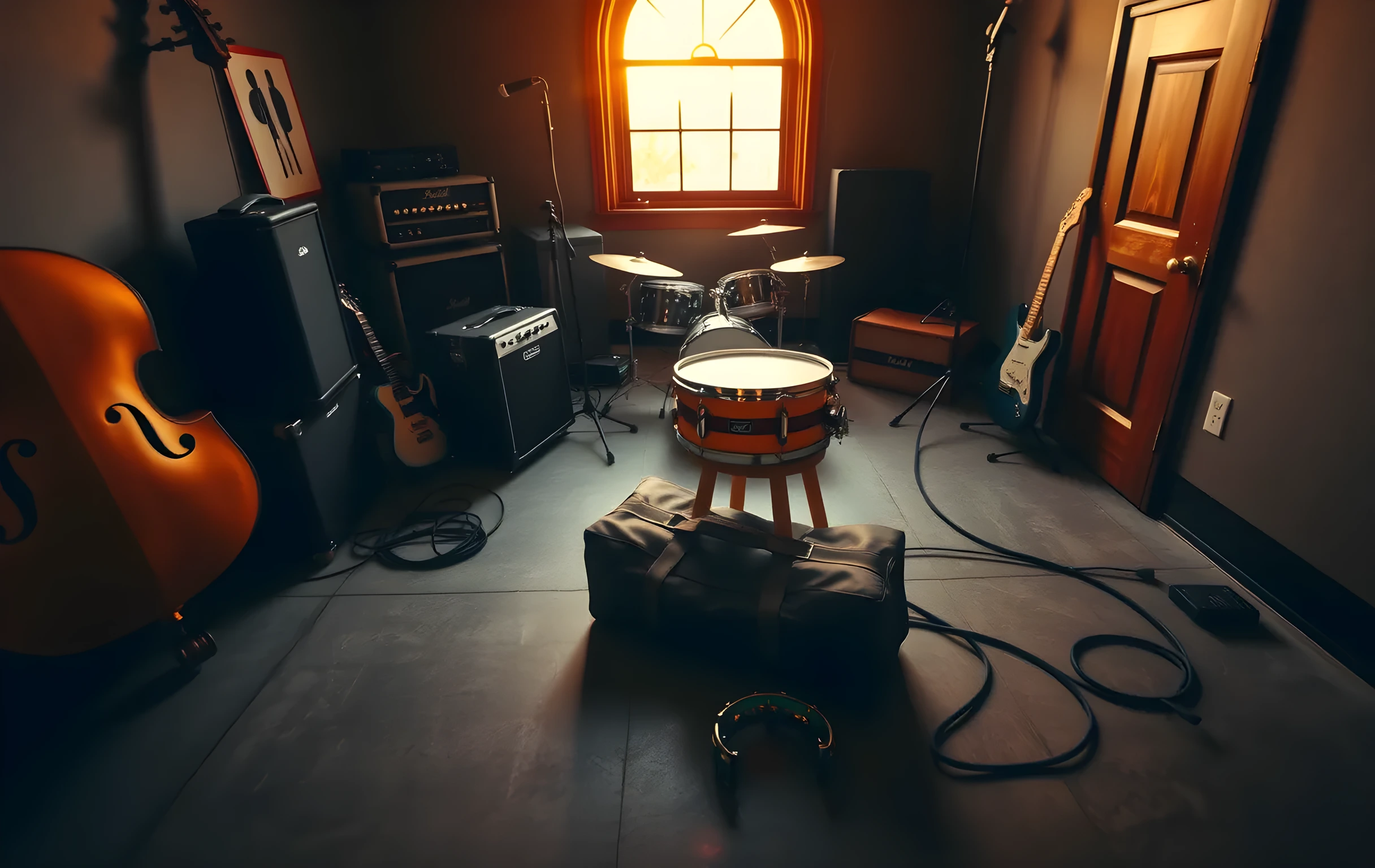 A wide-angle view of a small rehearsal room at golden hour, warm amber light pouring through a single high arched window and casting long shadows across a polished concrete floor. An amp stack with visible speaker cones stands against the far wall beside a snare drum on a simple stand, thick black cables snaking in loose loops across the ground. A battered guitar duffel bag lies unzipped on a three-legged wooden stool near the center, a tambourine resting on its open top. The back of an upright bass leans in the left corner. No people visible. The room feels lived-in, slightly dusty, full of low warm light and quiet anticipation