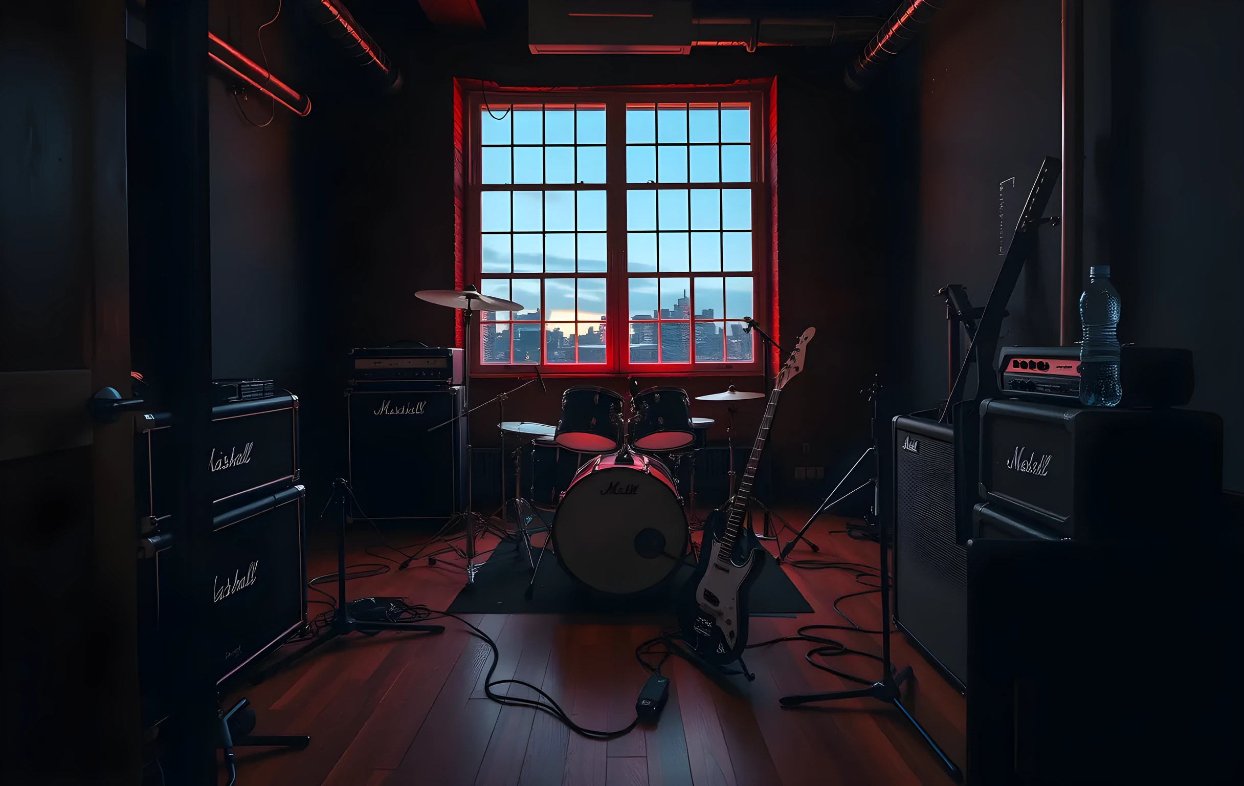 A wide view into a dimly lit rehearsal room at dusk, seen from an open doorway: a full drum kit center-frame with cymbals catching amber tungsten light from a high industrial window, two guitar amplifiers stacked against the left wall with visible speaker cones, a bass guitar leaning in its case on the right, cables snaking across scuffed hardwood floors, a half-empty water bottle resting on an amp top, the fading blue twilight through the window mixing with warm interior glow, no people present, the space feeling lived-in and slightly chaotic