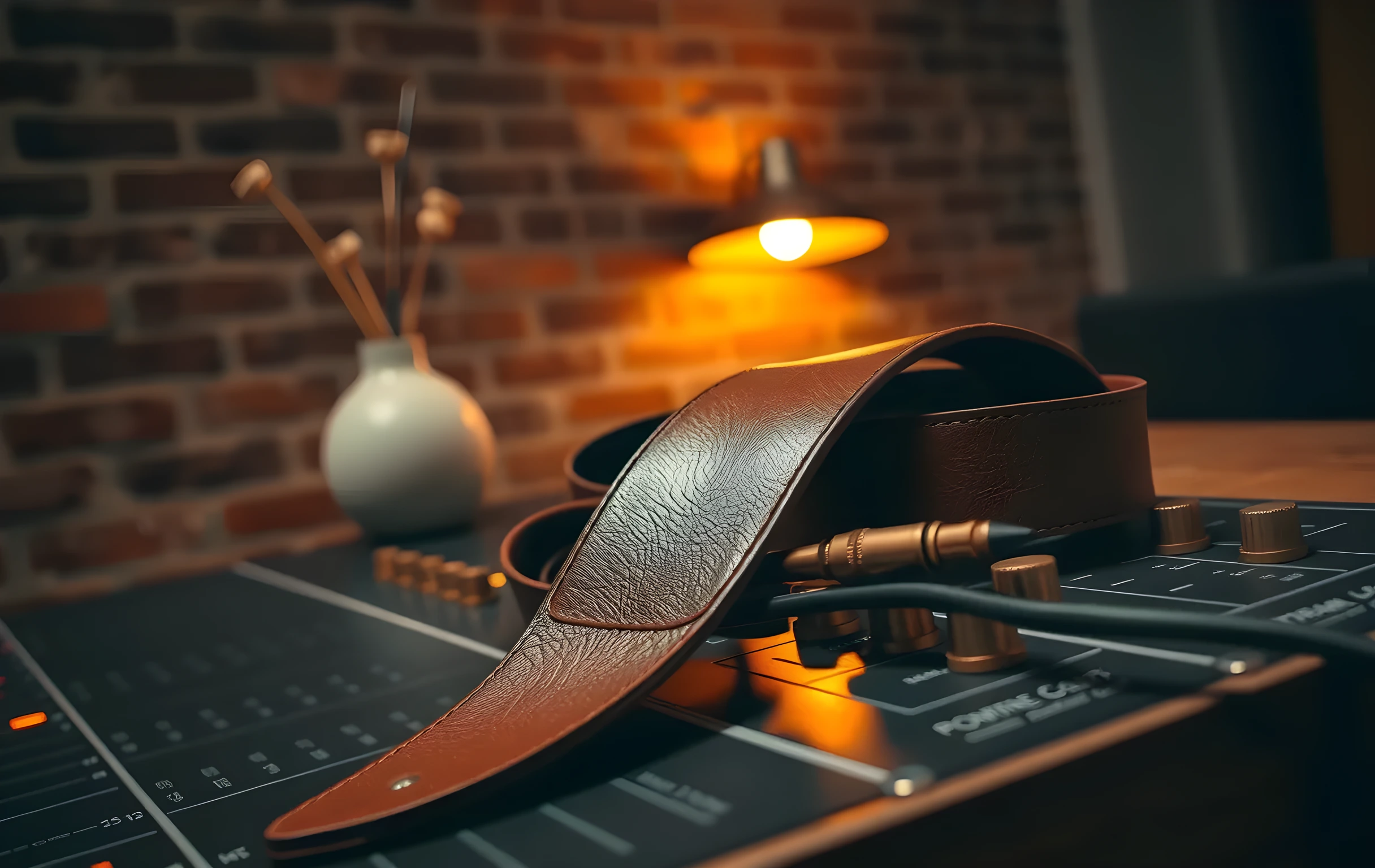 A close detail shot of a well-worn leather guitar strap draped over the edge of a mixing console in a small rehearsal space, behind it a wall of exposed red brick with a ceramic jar holding a few dried wildflower stems, warm amber light from a single desk lamp casting long soft shadows across the textures of brushed metal fader knobs, coiled patch cables, and the grain of an old wooden table surface, shallow depth of field pulling focus to the leather texture and brass hardware