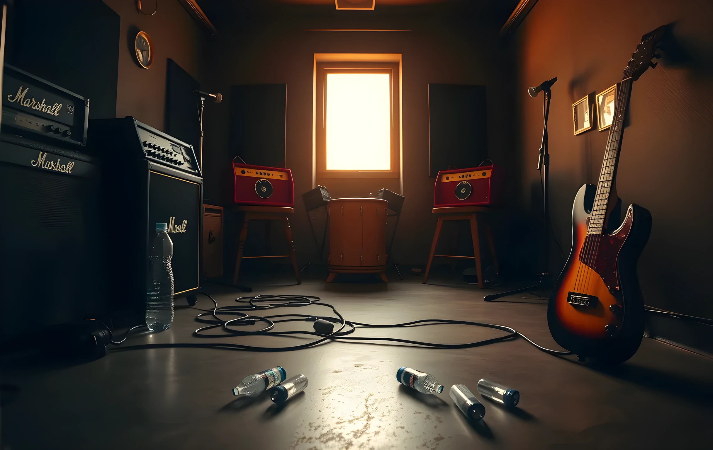 A wide interior shot of a small rehearsal room at golden hour, concrete floor with guitar cables snaking between an amp stack and a kick drum, a single window flooding the space with warm amber light, scattered water bottles on wooden stools, a bass guitar leaning against the wall, the far end of the room slightly hazy in backlight, no people visible, the sense of a band that just left mid-set