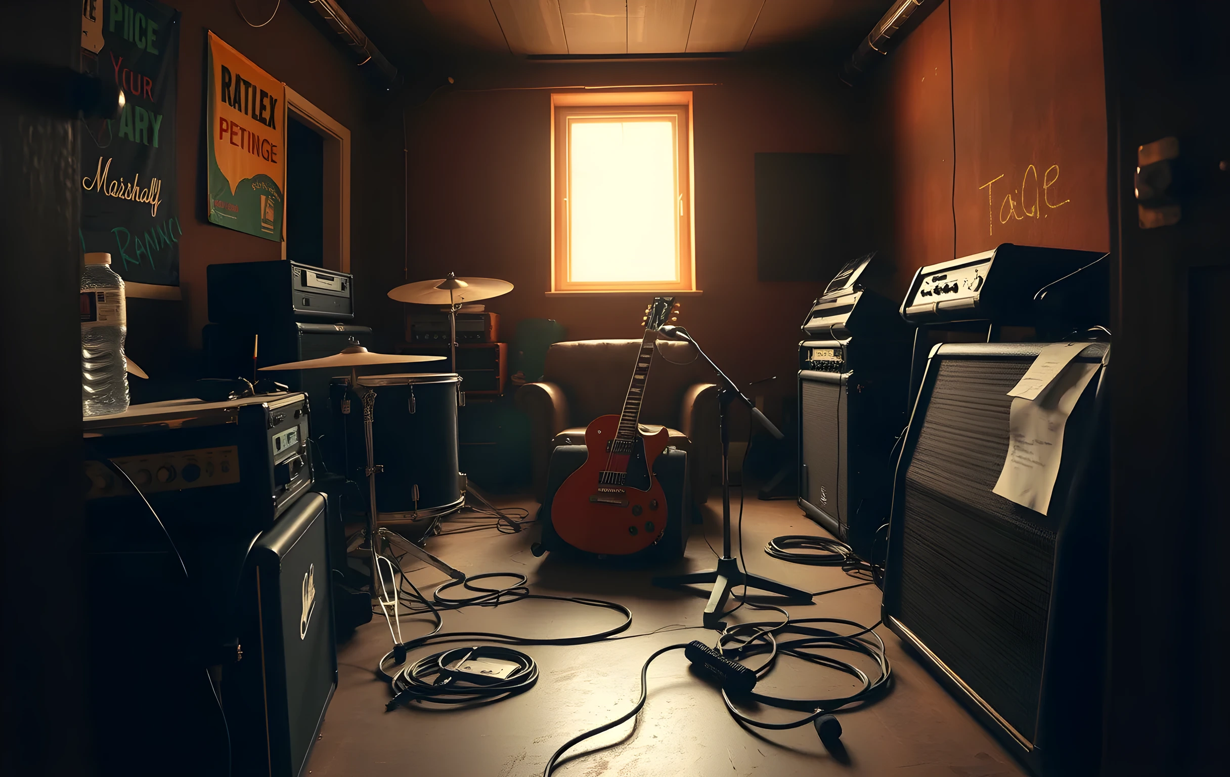 A wide-angle view of a small rehearsal room at golden hour: warm amber light streaming through a single window onto a battered drum kit, a stack of amplifiers with cables snaking across a concrete floor, a guitar on a stand in the middle distance, and a worn leather sofa against the far wall. The room feels lived-in and slightly cluttered, with a half-empty water bottle on an amp top and a setlist taped to a speaker cabinet. No people visible. Shot from the doorway looking in, capturing the full depth of the space
