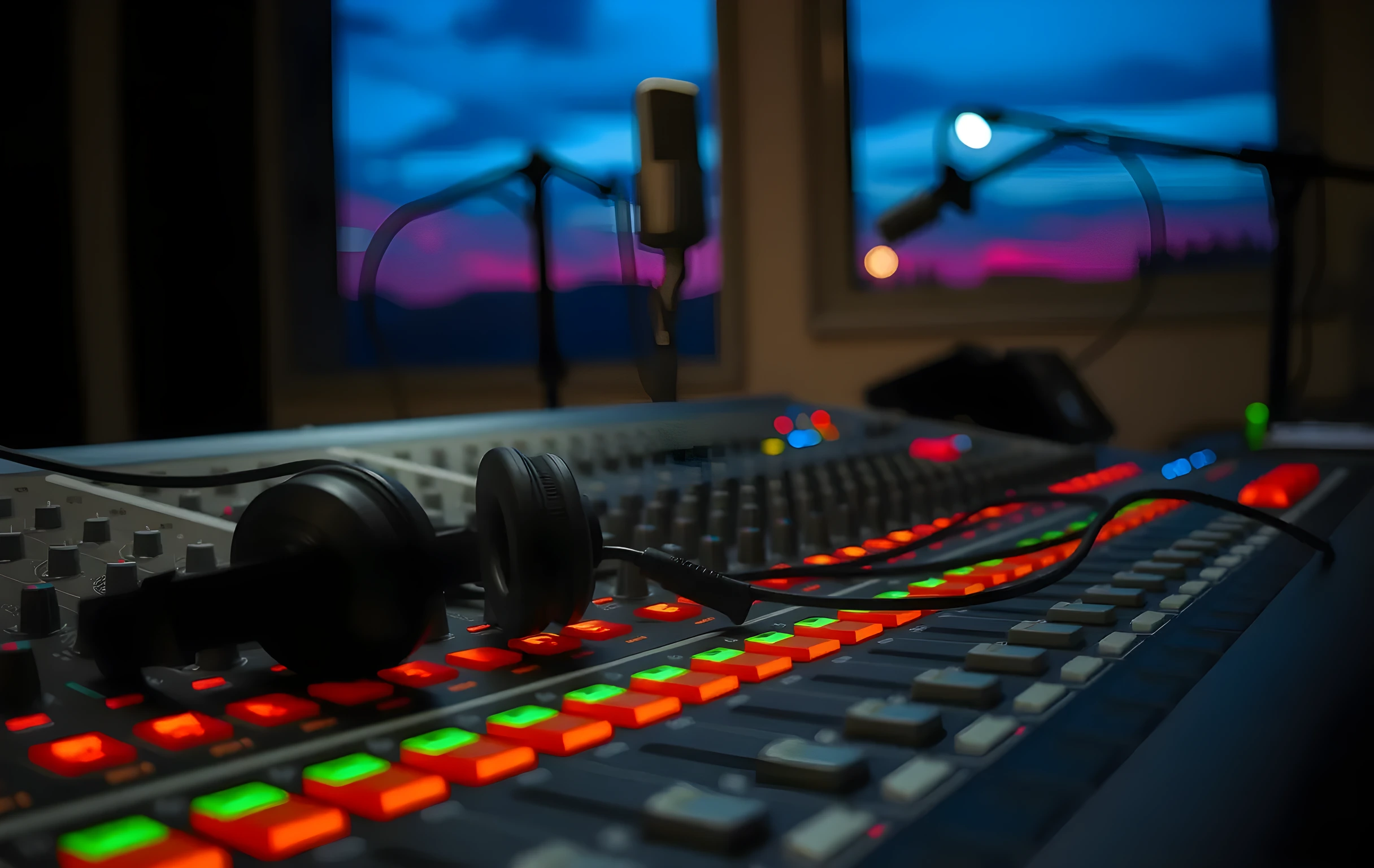 A tight detail shot of a mixing desk in a small recording studio: the faders and channel strips fill the frame at a slight angle, with warm LED level meters glowing orange and green, a pair of flat-pack studio headphones resting on the console edge, and a single coiled XLR cable draped over one fader. In the soft-focus background, the blurred silhouette of a microphone stand and a window showing dusk sky in deep blue and violet tones. No screens visible, no text, no hands