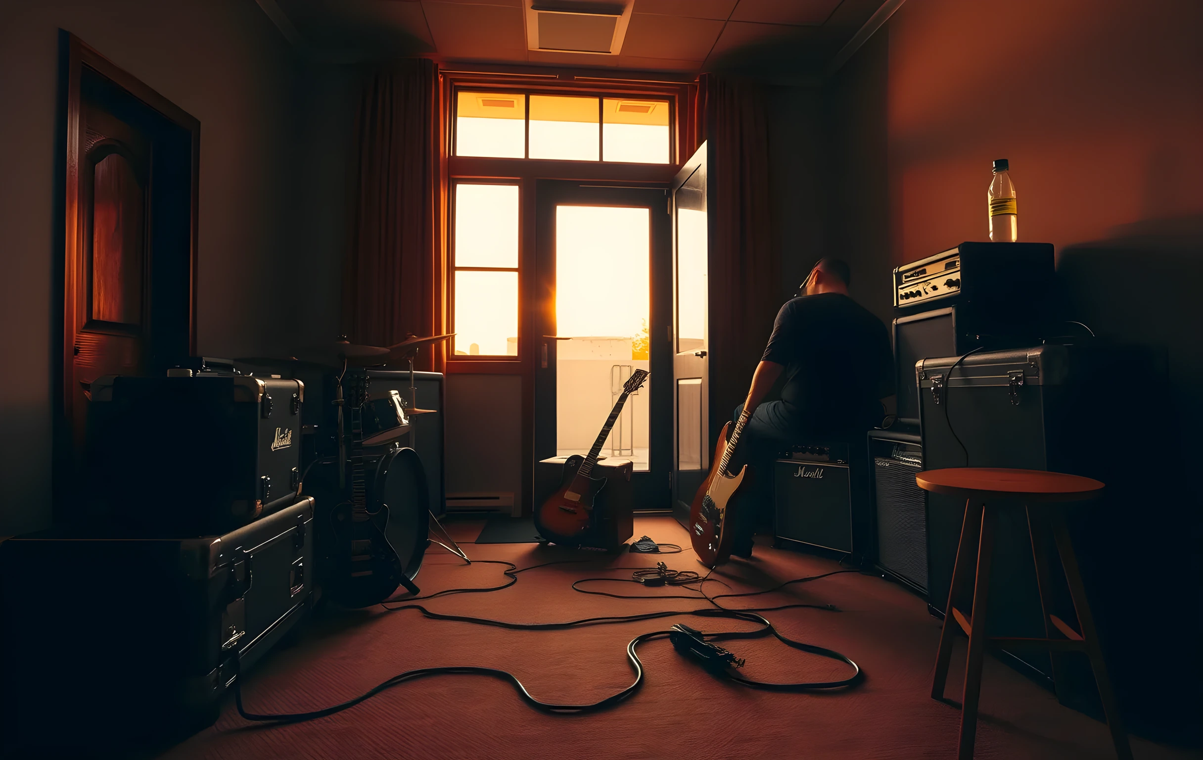 A wide-angle view of a small rehearsal room at golden hour, warm amber light streaming through a dusty window onto a drum kit in the corner and a stack of tube amps against the far wall. A guitar leans against a flight case near the door, cables snake across a worn carpet, and a half-empty water bottle sits on a wooden stool. The room feels lived-in and slightly cluttered, with a single figure visible at medium distance sitting on an amp, back to camera, tuning a bass guitar. No text or signage anywhere in the frame