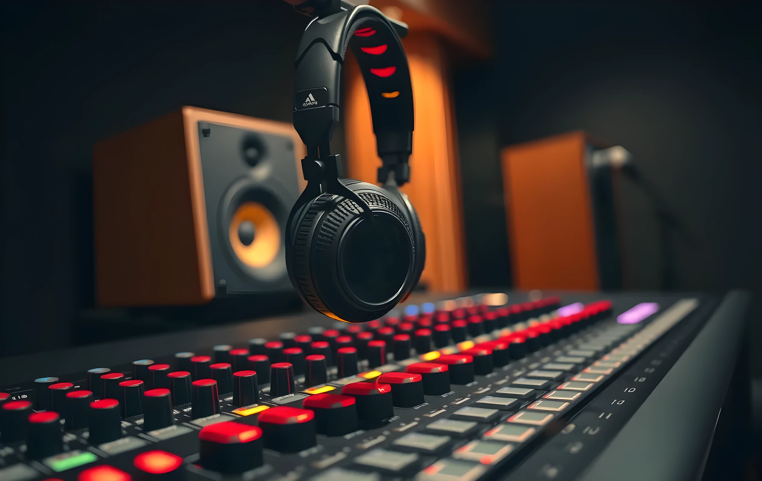 A close detail shot of a mixing desk in a small recording studio, shallow depth of field focused on a row of faders mid-position and glowing red VU meter needles. A pair of black over-ear headphones hangs from a curved metal arm just above the console, catching warm tungsten light. The background falls into soft bokeh showing the edge of a wooden acoustic panel and a single microphone stand. No screens, no text, no hands visible