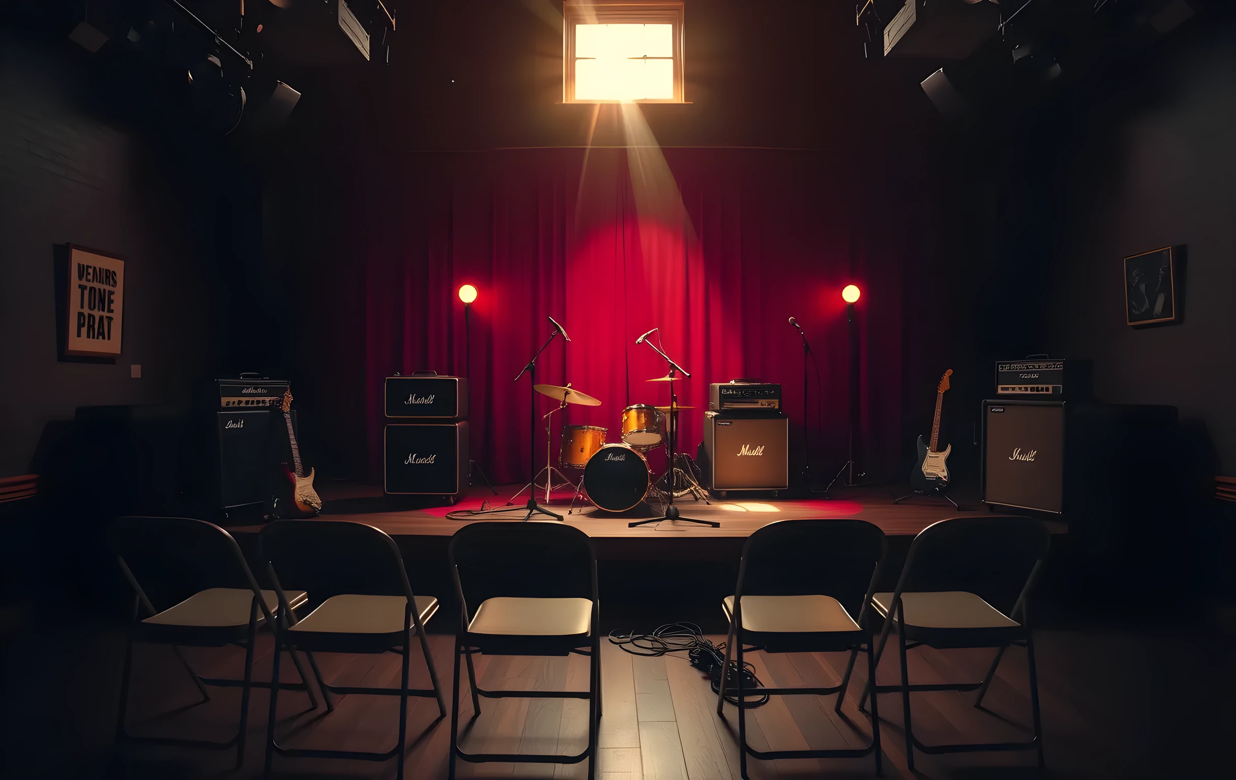 A wide shot of a small independent music venue stage at golden hour, empty and set up for an upcoming show: a drum kit with cymbals catching warm light, two guitar amps stacked on either side, a single vocal mic stand center stage, cables coiled neatly on the dark wood floor, a few folding chairs in the foreground facing the stage, dust motes floating in a shaft of amber sunlight through a high window, no people visible, the room feels quiet and anticipatory