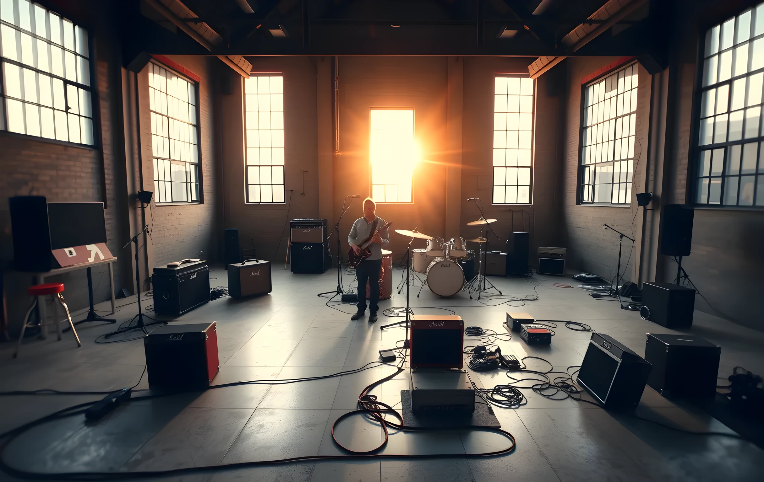 A wide-angle shot of a converted warehouse rehearsal space at golden hour, where three musicians stand near amplifiers and drum kits scattered across polished concrete floors, warm sunlight streaming through industrial windows and casting long geometric shadows across the room