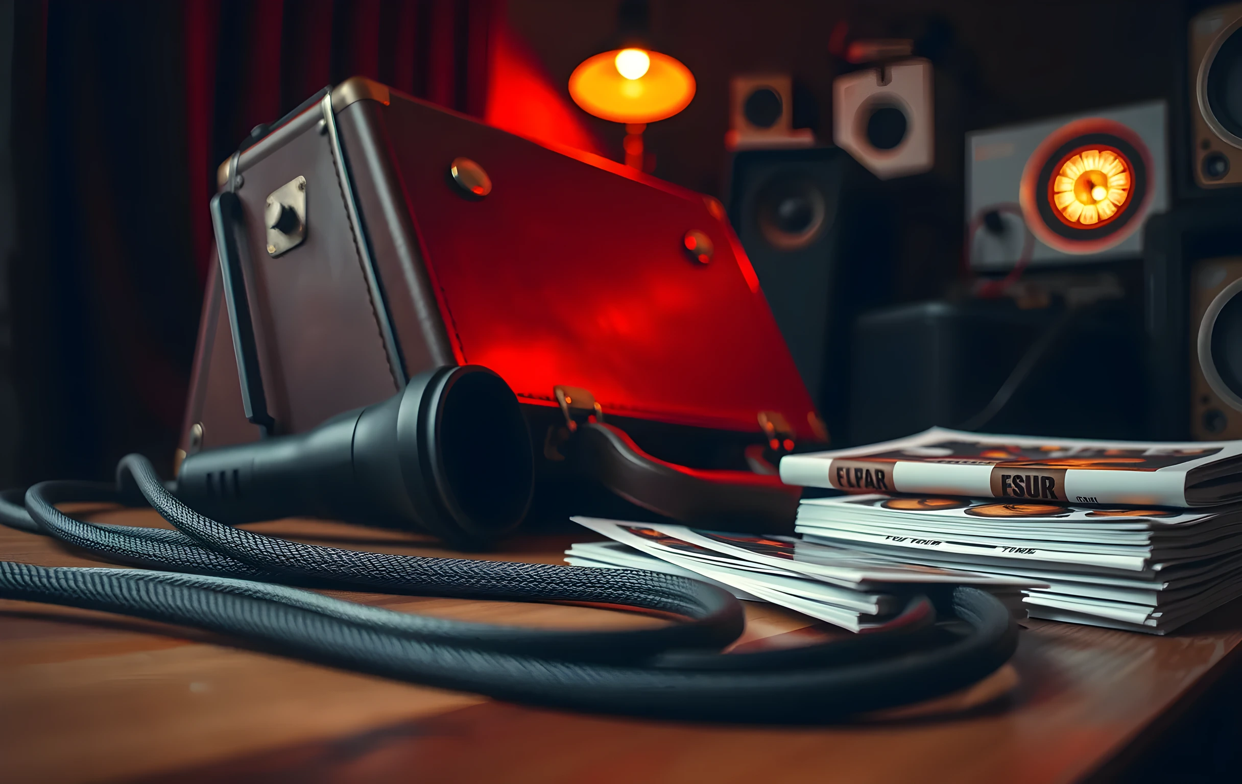 A close detail view of a worn leather instrument case resting on a wooden workbench beside a coiled XLR cable, a vintage tube microphone, and a stack of hand-printed tour flyers under soft amber task lighting in a quiet home studio corner