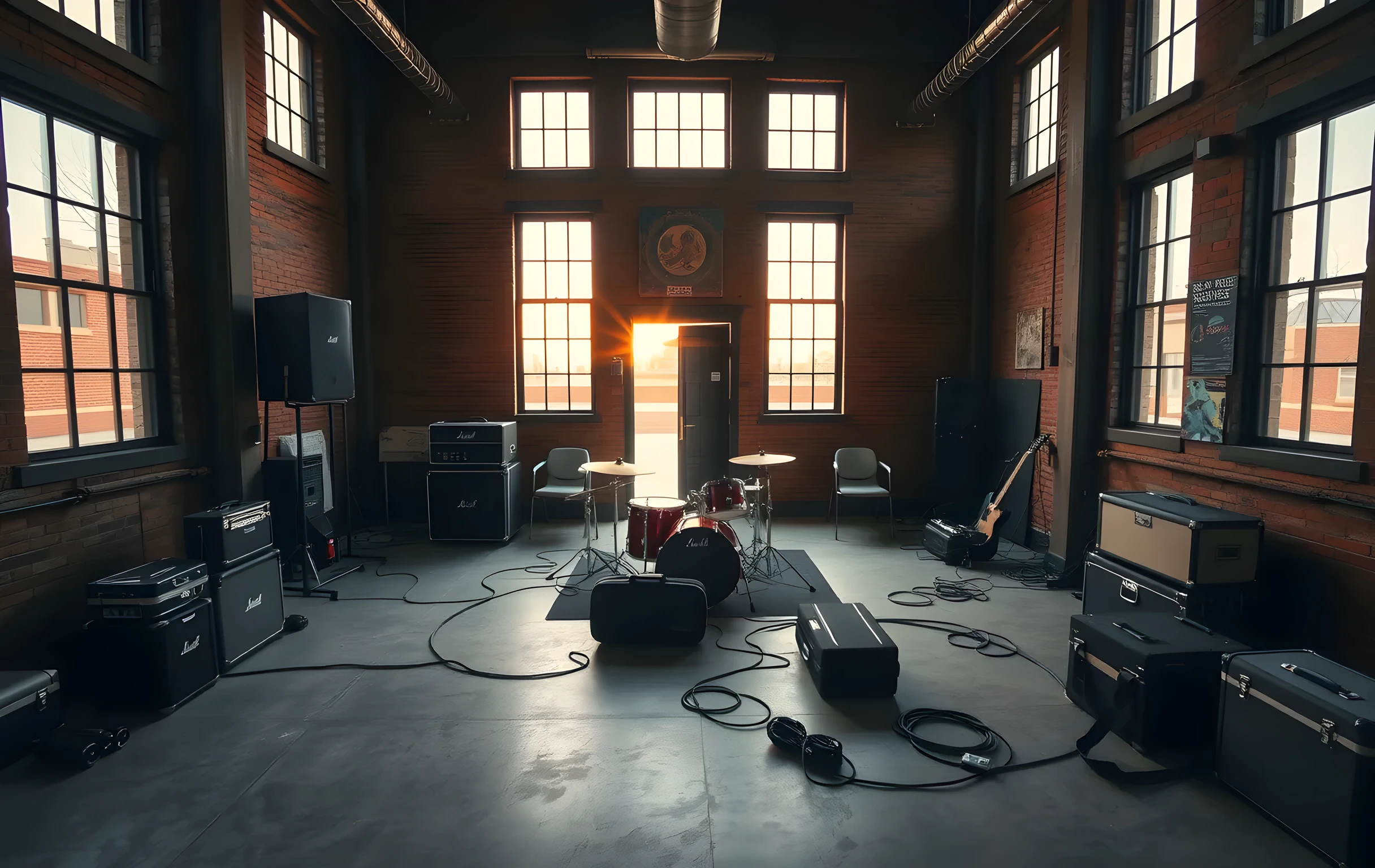 A wide shot of a small rehearsal room in a converted warehouse at golden hour, warm light spilling through tall industrial windows onto a scattered stage with an amplifier stack, a drum kit mid-setup, cables snaking across concrete floor, guitar cases and a roadie's duffel bag near the door, empty chairs stacked against the brick wall, no people visible, the room feels lived-in and slightly dusty