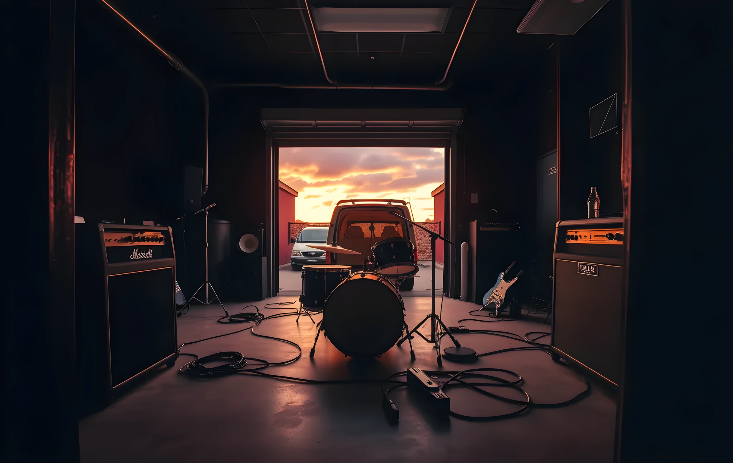 A wide shot of a small rehearsal space at golden hour seen from the doorway: a drum kit slightly out of tune in the center, two tube amps glowing warm on either side, cables snaking across bare concrete floor, and through an open garage door at the far end a battered tour van parked under a deep orange dusk sky with low clouds. No people visible. The room feels lived-in, a guitar pick on the amp top, a water bottle near the kick pedal