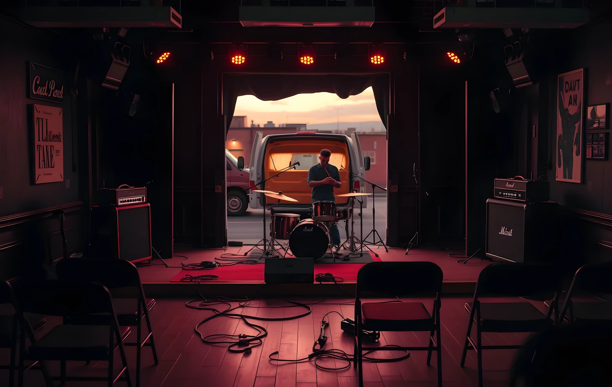 A wide shot of a small intimate music venue stage at dusk, warm amber wash lights hitting a four-piece drum kit and two vintage tube amplifiers, the back doors standing open to reveal a parked tour van under a fading orange sky, scattered guitar cables coiled on the worn wooden floor, a lone performer silhouetted mid-strum behind the kit at medium distance, empty folding chairs in the foreground, no text or signage visible anywhere