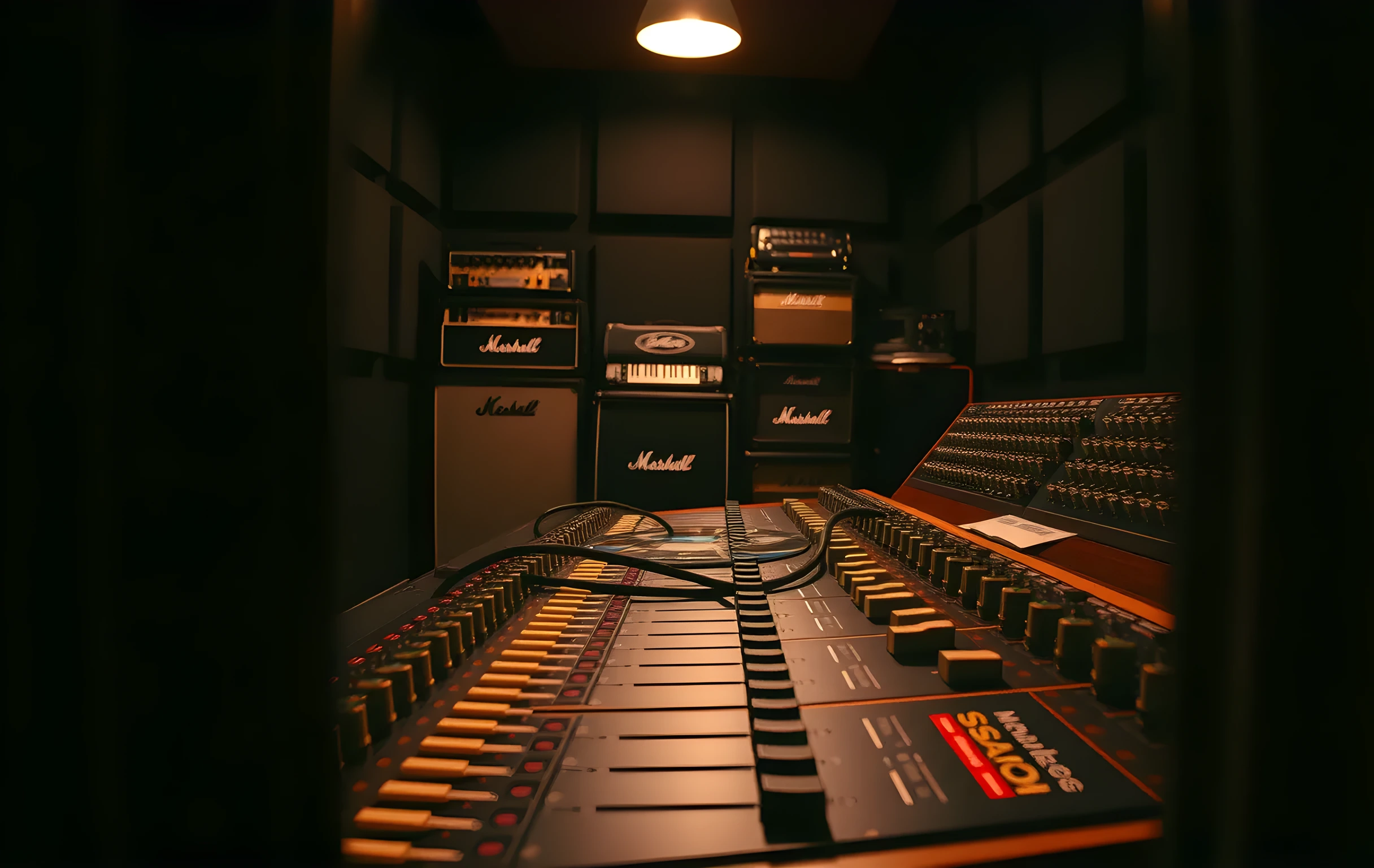 A close detail of an analog mixing desk in a small rehearsal room, brass faders and rotary knobs catching a single warm overhead light, thick instrument cables snaking across the dark floor toward stacked amplifiers in the background, a vinyl record and a few colorful tour stickers resting on the edge of the desk surface, acoustic foam panels covering the back wall, shallow depth of field softening everything beyond the fader row, no screens, no text, no faces