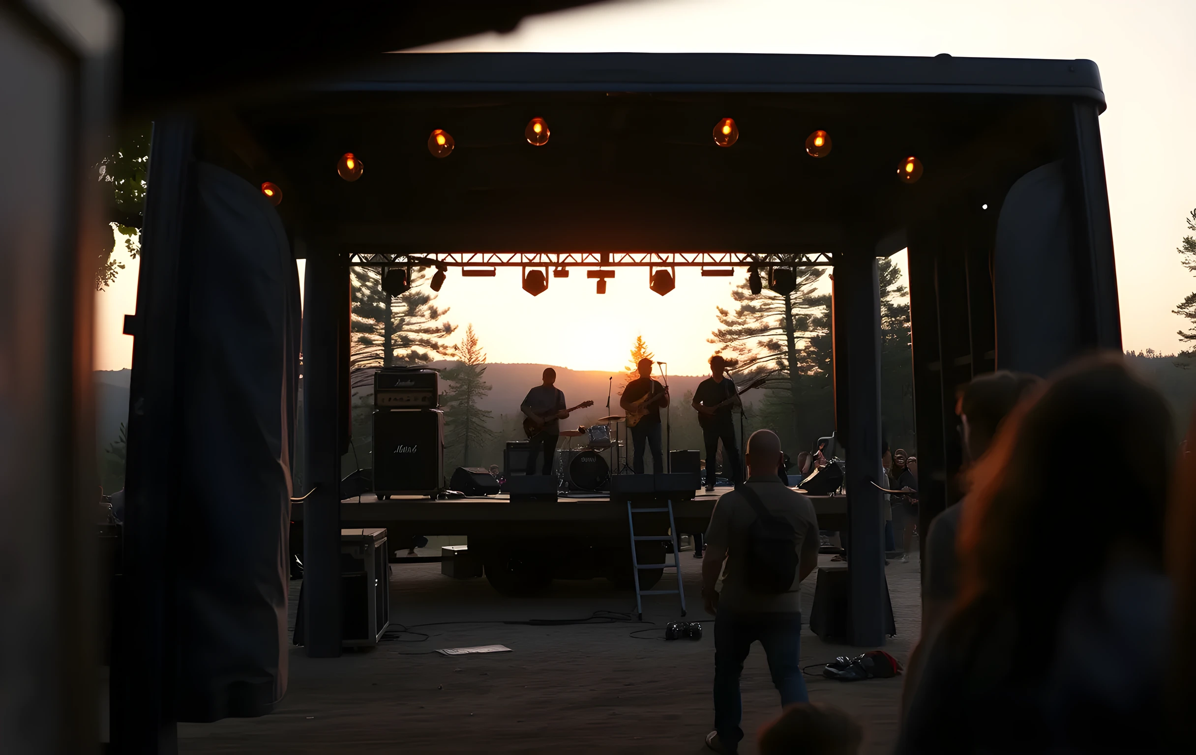 Wide environmental shot of a small outdoor festival stage at golden hour in late summer, seen from the back of a modest crowd of thirty people. The band appears as four small figures on an elevated wooden platform, bathed in warm amber light from string bulbs strung overhead. Behind them, soft-focus pine trees and a low hillside roll into a peach-and-lavender dusk sky. A battered tour van is parked at the left edge of frame, its rear doors open with amp cases visible inside. The ground is packed dirt with scattered leaves. No text, no screens, no signage anywhere in the scene