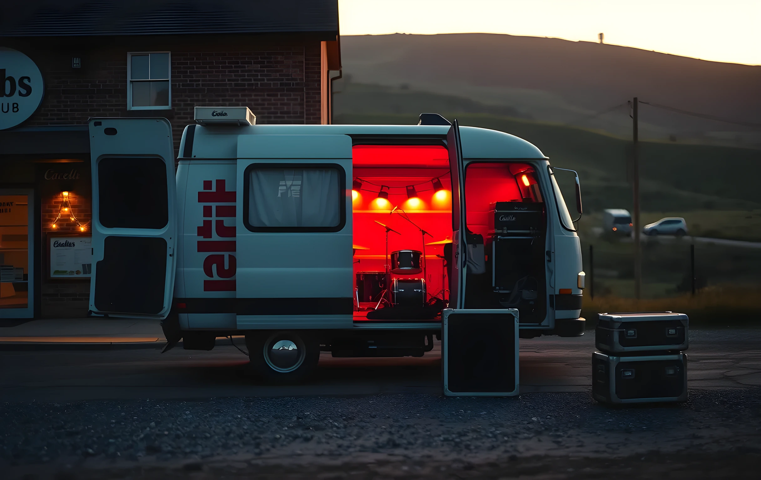 A wide golden-hour shot of a battered white tour van parked on gravel outside a small brick-town pub venue, road cases and a drum kit half-unloaded on cracked asphalt in the foreground, warm string lights glowing through the open loading door, rolling green hills fading into soft amber haze in the background, no people visible, no signage or text anywhere