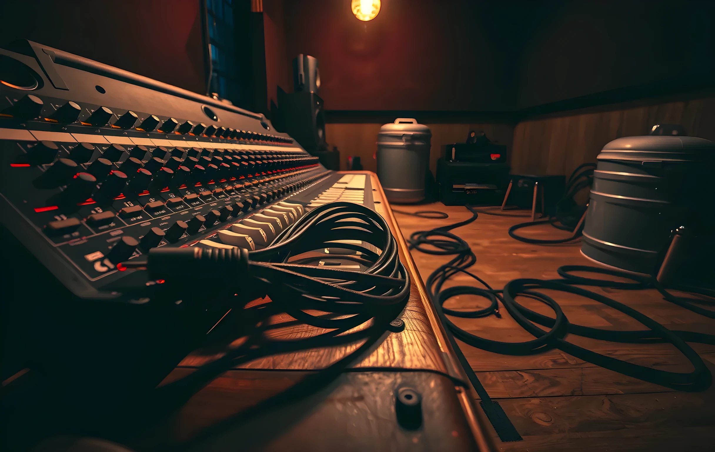 A close detail of the rear panel of a large analog mixing console in a cramped rehearsal room, thick black XLR cables coiled and taped flat on a scarred wooden surface, strips of worn gaffer tape marking cable runs on the floor, a dented steel water cooler sitting in the corner, warm tungsten glow from a single bare overhead bulb casting long shadows, no screens, no text, no hands or faces