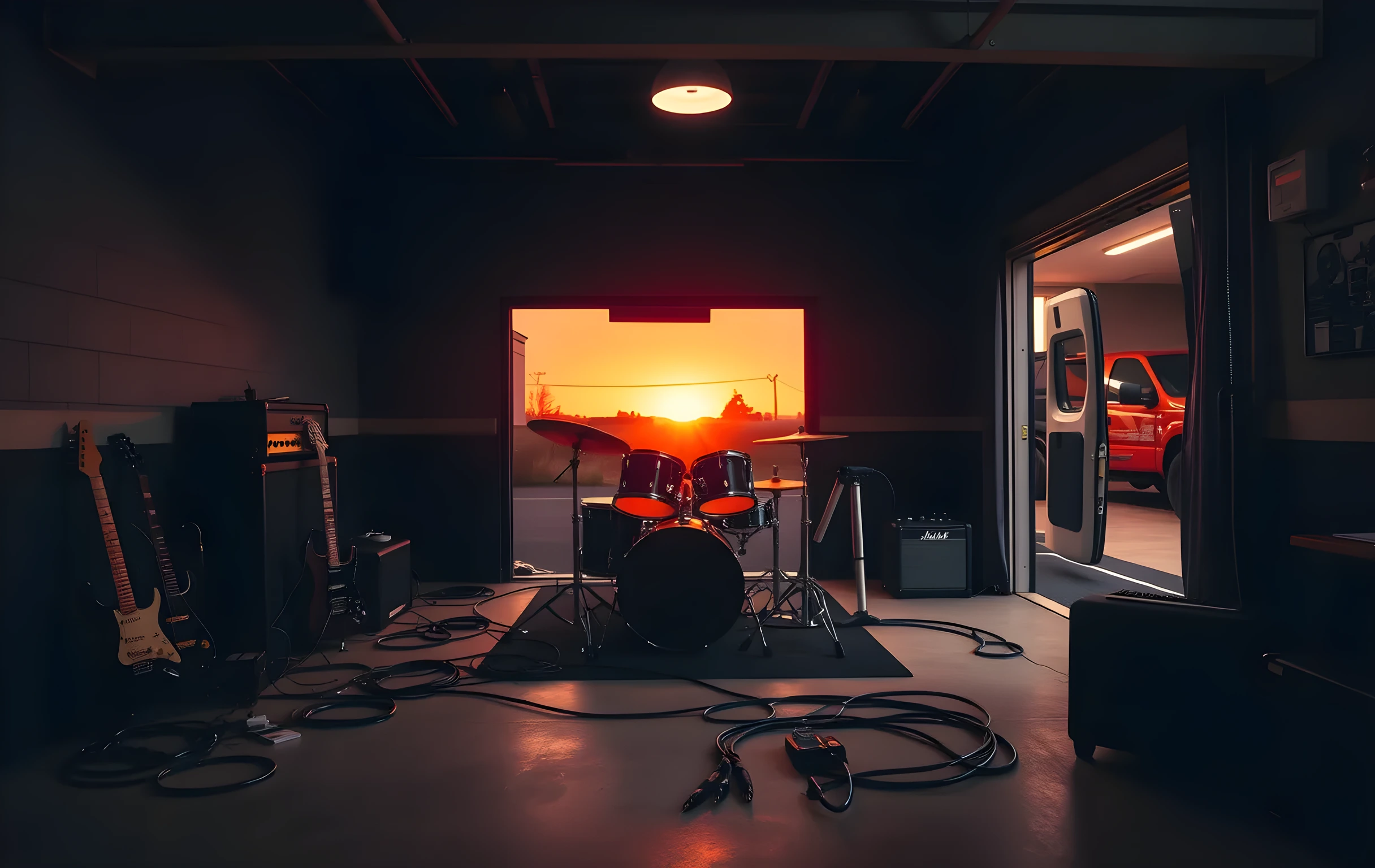 A wide interior view of a small rehearsal room at golden hour, seen from the back wall: a drum kit center-stage with cymbals catching warm amber light, two guitar amplifiers stacked against the left wall with cables snaking across a concrete floor, an open garage door on the right revealing a tour van parked outside under a fading orange sky, a single overhead work light casting long shadows, no people present, the space feeling lived-in and slightly chaotic