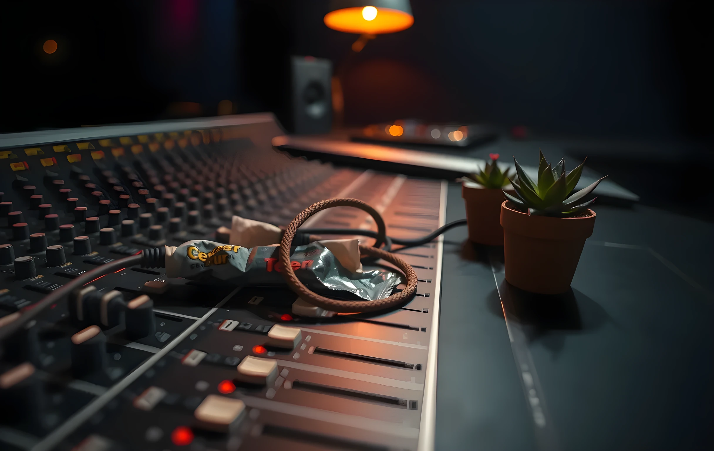 A closer detail shot of a large analog mixing console surface: faders at various positions, thick patch cables coiled and snaking across the dark matte top, a crumpled paper sleeve from an energy bar resting near channel twelve, a small potted succulent on the far edge of the desk, warm tungsten glow from a single practical lamp above, shallow depth of field softening the background into indistinct shapes