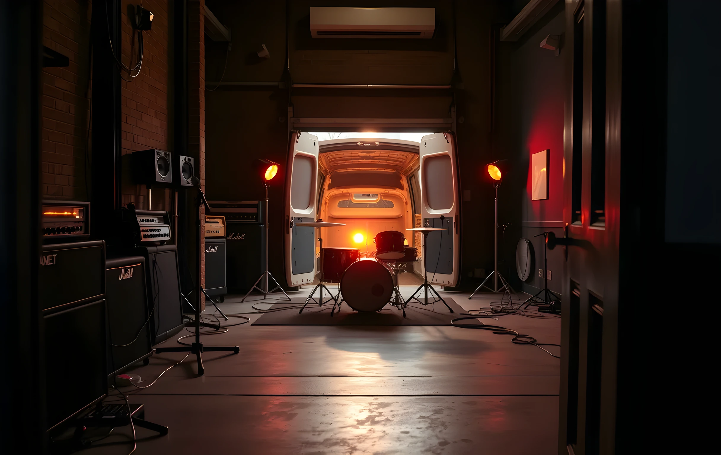 Wide environmental shot from the doorway of a small rehearsal space at golden hour. Guitar amps with glowing vacuum tubes line one wall, thick cables snake across a stained concrete floor, a drum kit sits center-stage under a single warm tungsten spotlight, and through an open back loading-dock door the tail lights of a tour van glow amber in the dusk outside. Dust motes drift in the light beams. No people, no text, no screens