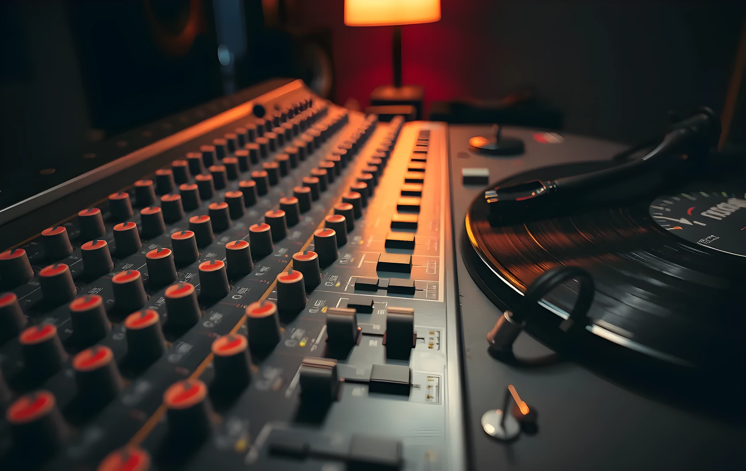 Close detail shot of a mixing desk console surface in a small studio room. Faders sit at various positions across the channel strips, a tangle of patch cables is plugged into XLR jacks, a turntable with a vinyl record spinning sits just off-frame to the right, and a few enamel pins and a coiled instrument cable rest near the front edge of the desk. Shallow depth of field, warm practical light from a nearby lamp casting soft shadows across the metal faceplate. No text visible, no faces, no screens