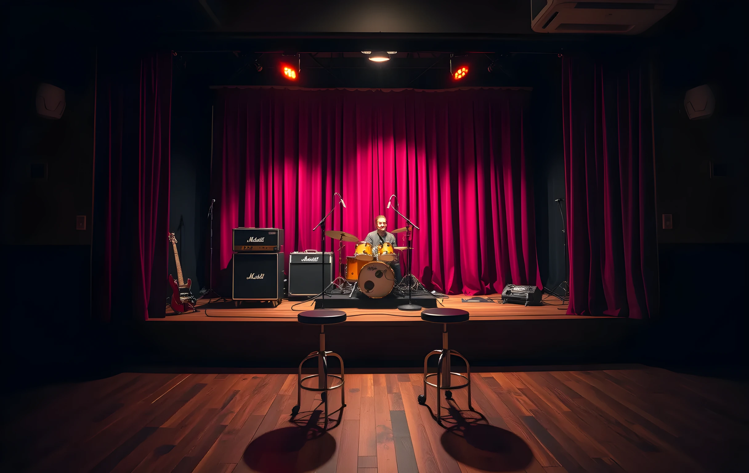 A wide shot of a small live music venue stage at night, empty and lit by warm amber spotlights from above, a full drum kit centered on the wooden platform, two guitar amplifiers flanking either side, a pair of bar stools in the soft-focus foreground, deep red velvet curtains as the backdrop, long diagonal shadows stretching across the worn floorboards, the overall mood intimate and slightly abandoned between sets
