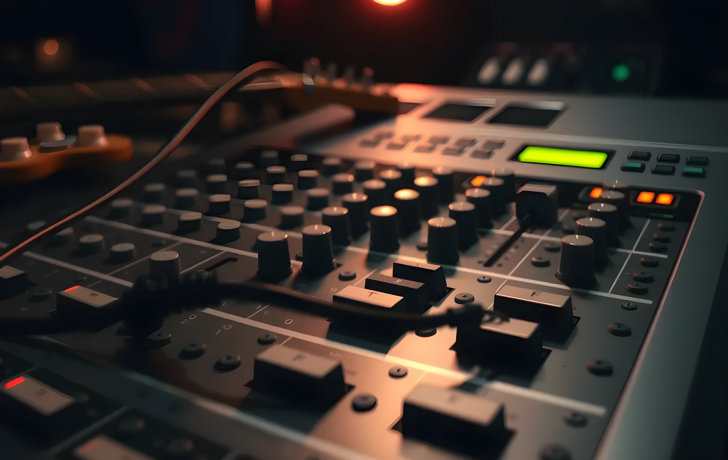 A tight detail view of the fader section of an analog mixing console, rows of brushed aluminum channel strips with small round knobs and vertical sliders, two VU meter needles glowing in soft green and amber against dark dials, a frayed black cable draped loosely over the desk edge, the blurred silhouette of a guitar neck entering from the upper left, warm tungsten workshop light casting gentle shadows across the metal surface