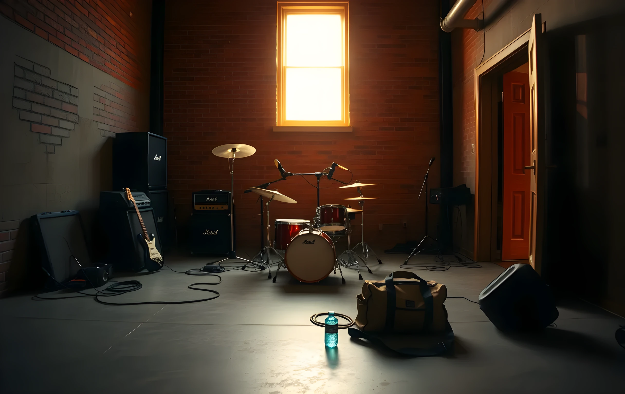 A wide interior view of a small rehearsal room at golden hour, warm amber light pouring through a single high window on the far wall, a well-worn drum kit sitting slightly off-center on a concrete floor, two vintage guitar amplifiers stacked against exposed red brick, tangled instrument cables snaking across the ground, a canvas duffel bag and three water bottles near the open doorway in the foreground, no people visible, the space feels lived-in and quiet between sessions