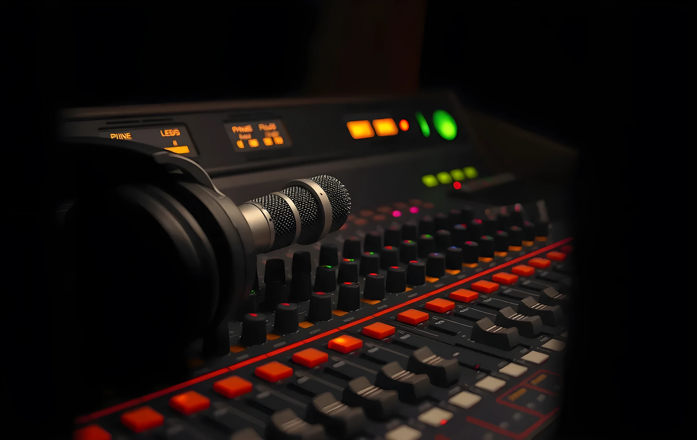A tight but not extreme close-up of an analog mixing console surface, faders resting at varied positions, warm amber and soft green LED level meters glowing along the top edge, a pair of black over-ear studio headphones draped over the left corner of the desk, a small silver condenser microphone on a short boom arm angled toward empty space where a vocalist would stand, thick coiled cables trailing off the back edge into deep shadow, the surface shows light wear and a faint ring stain, no screens or text visible anywhere