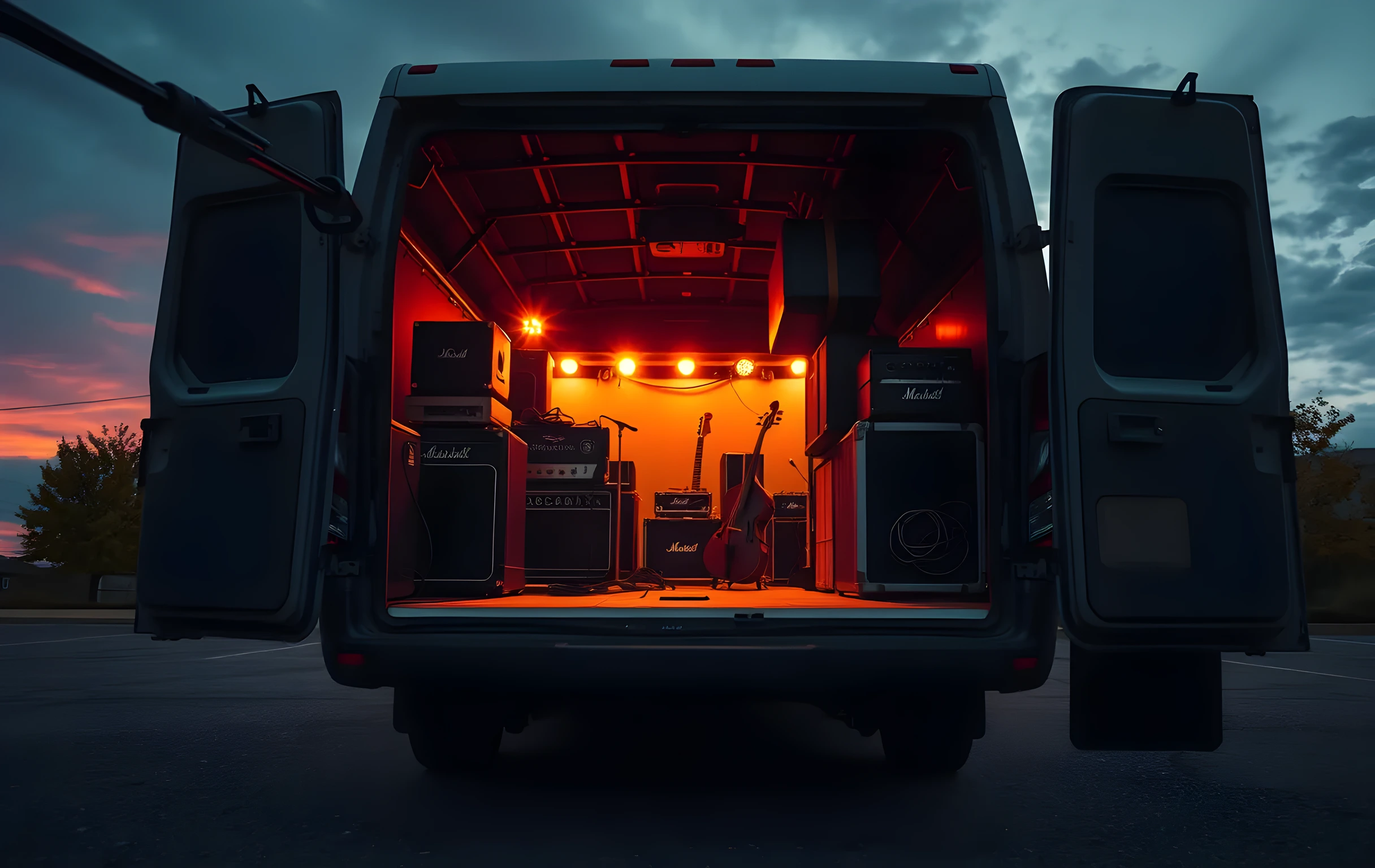 A tour van with its side door open, parked at dusk outside a converted industrial rehearsal space. Warm tungsten light spills from the open garage bay revealing a wall of vintage tube amplifiers and coiled cables on the concrete floor. The van's rear is loaded with instrument cases and a cello case strapped to the roof rack. Low autumn trees line the gravel lot; the sky is deep amber fading to slate blue. Shot from across the lot, van at medium distance, no people visible