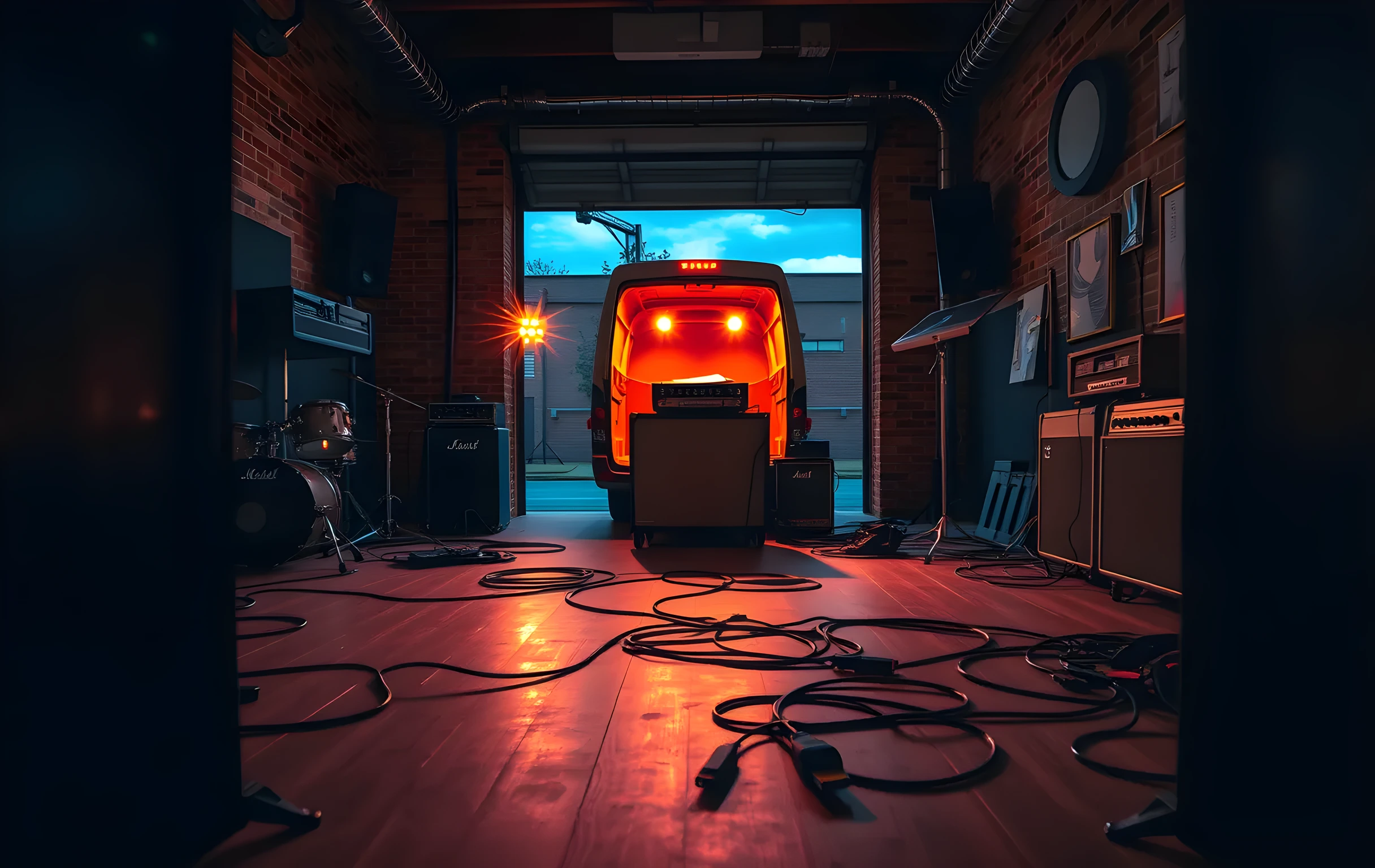Wide-angle view of a rehearsal room at dusk seen from the doorway: a worn wooden floor scattered with guitar cables and a few sheet music pages, an amp stack glowing warm amber against exposed brick, a touring van's headlights bleeding orange light through a half-open garage door in the background, a drum kit mid-setup on the left, no people visible, moody golden-hour lighting mixing cool blue sky from outside with warm tungsten inside