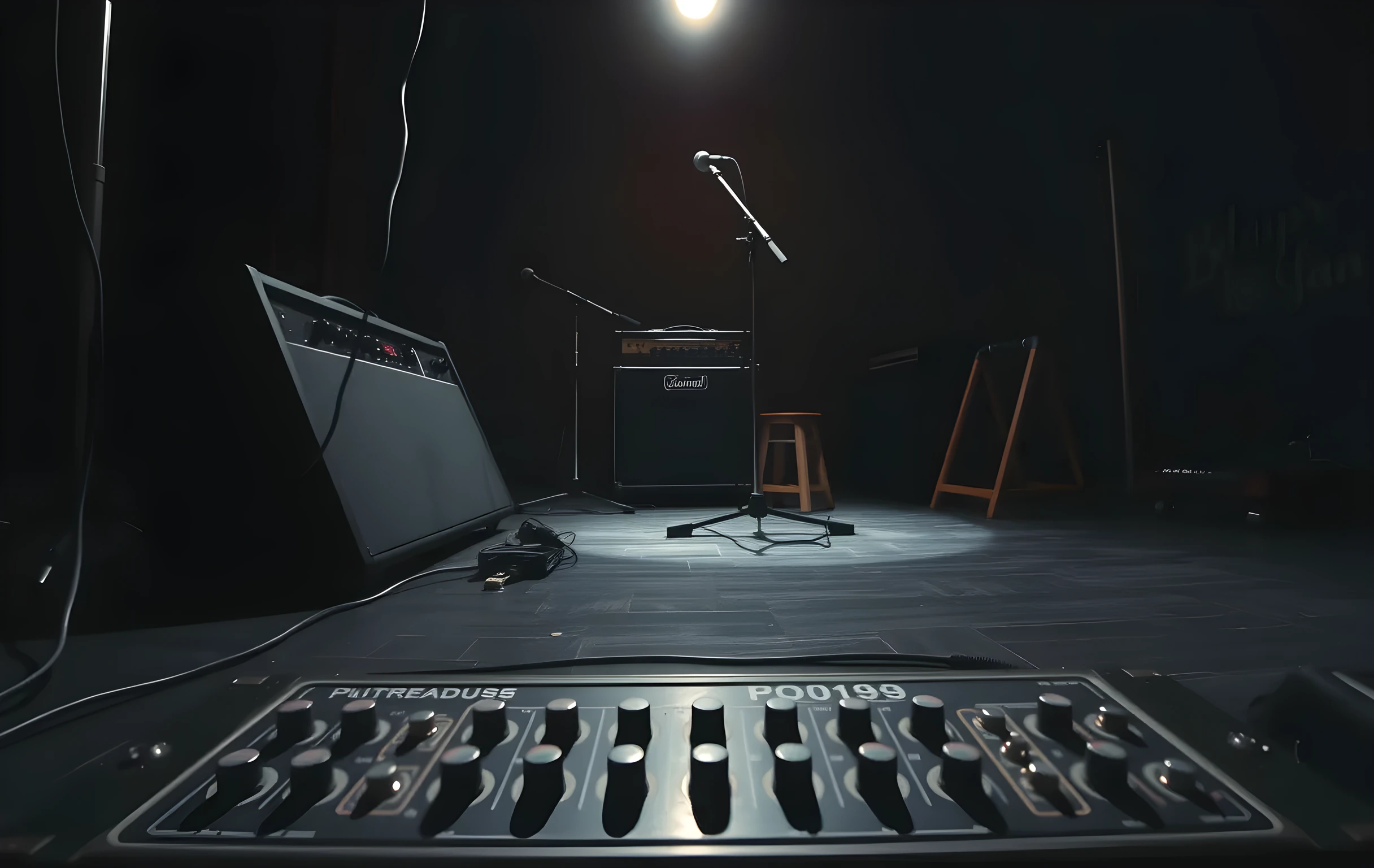 Close-medium shot of an empty small-venue stage floor from the audience side: tangled XLR cables snaking between monitor wedges and a mic stand, the scuffed black surface of two bass amp heads catching a single overhead spot light that creates a narrow pool of white on dark wood flooring, a dented metal pedalboard in the foreground with its knobs catching glints, the back wall showing peeling paint and a faint outline where a band name decal was recently removed, no people, intimate and quiet