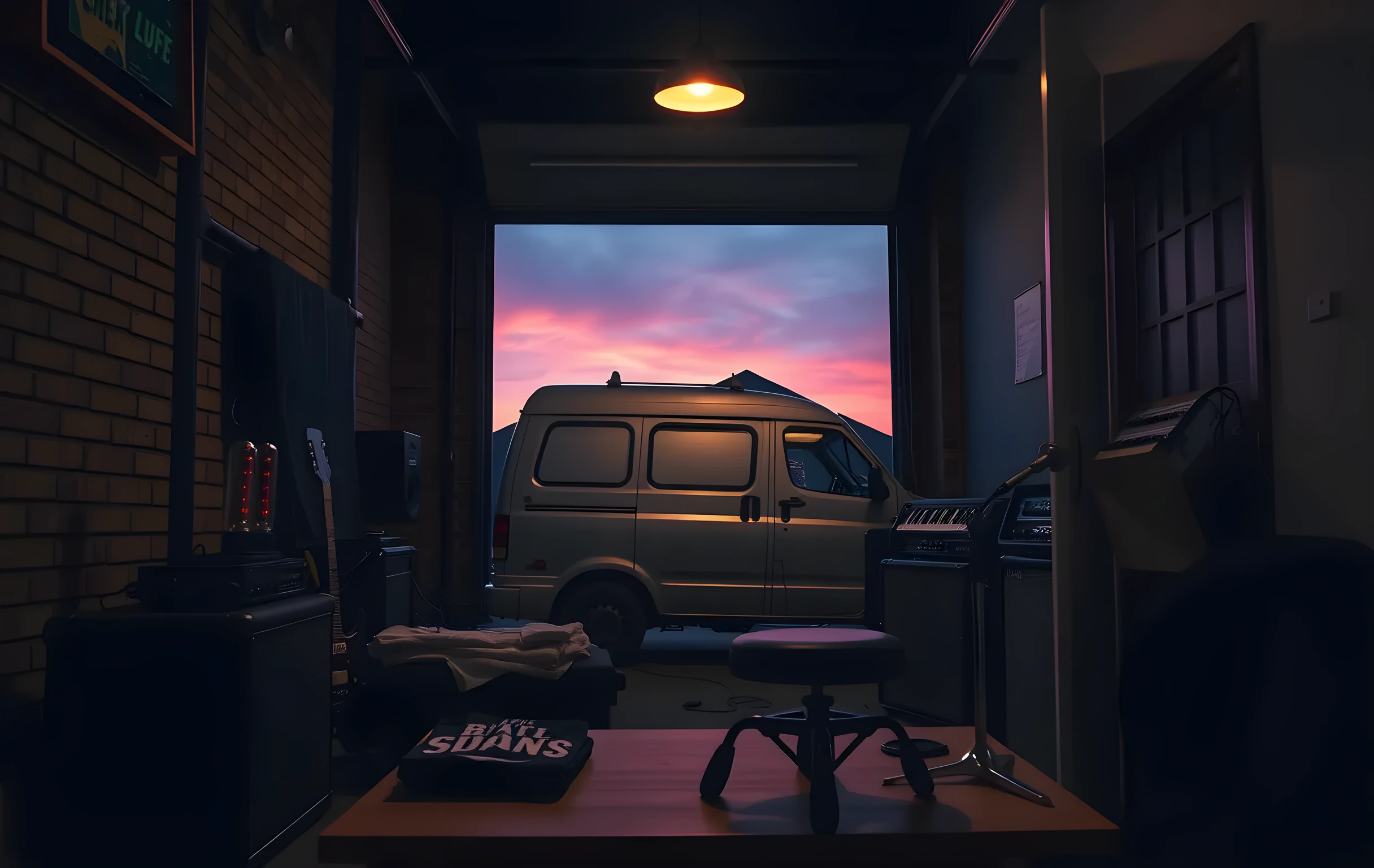 A wide-angle view of a small rehearsal room at dusk, seen from the back corner: two guitar amps with glowing tubes lean against exposed brick, a stack of vinyl sleeves and folded t-shirts sit on a low wooden table near the door, a single overhead work light casts a warm amber pool over scattered cables and a worn drum stool. Through the open garage door beyond the room, a silver tour van is parked under a deep indigo sky with the first stars appearing, its rear bumper catching the last orange glow of sunset. No people visible. No text or signage anywhere in the frame