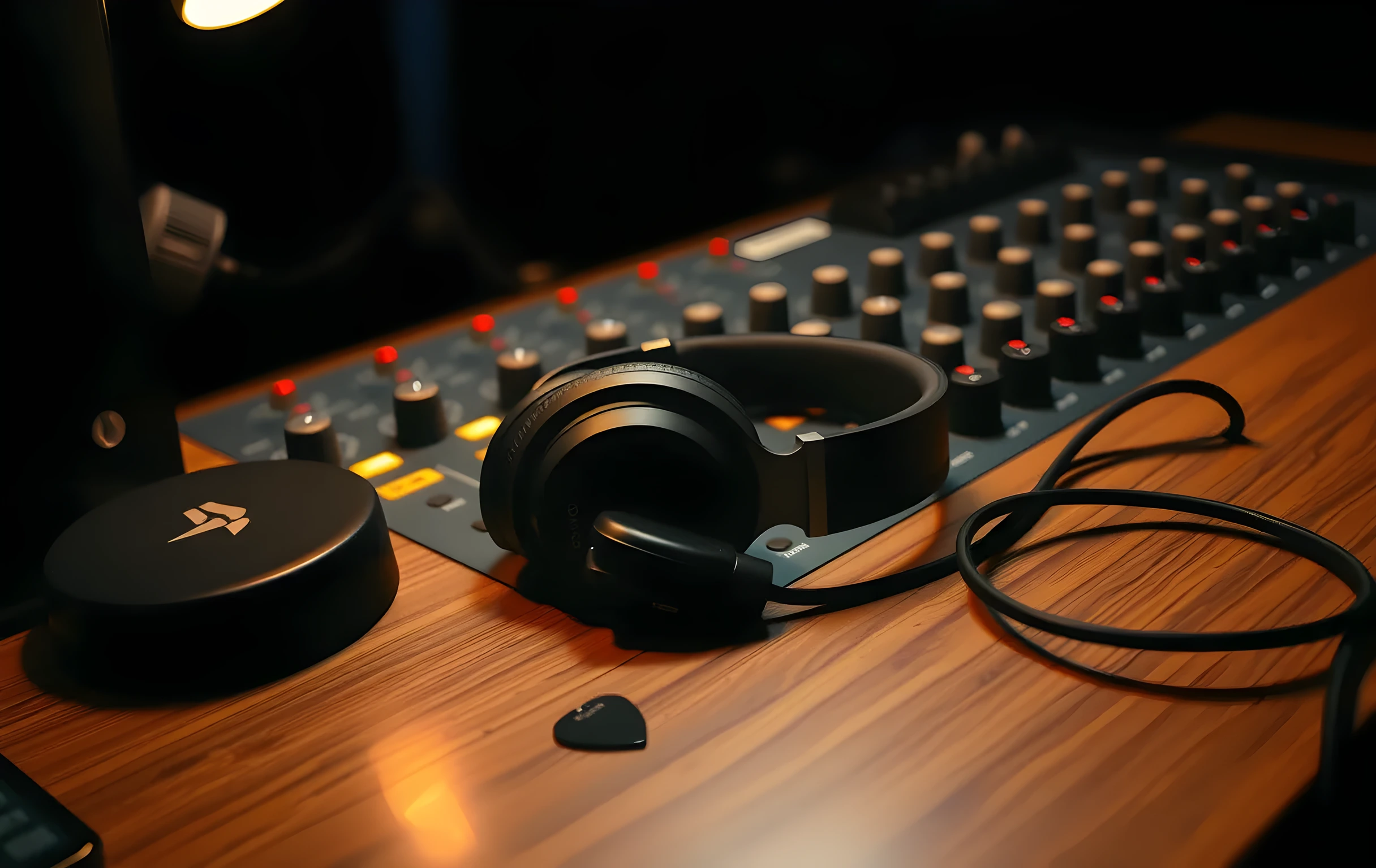 A close detail shot of a wooden mixing desk surface in a small studio: a row of faders at varied positions, two pairs of black over-ear headphones resting side by side, a single worn guitar pick and a coiled patch cable tucked near the edge of the desk. A small warm desk lamp on the left casts a long soft shadow across the wood grain and the edge of a monitor arm. The background falls into soft dark bokeh suggesting acoustic foam panels. No faces, no hands, no screens showing content, no text or labels visible