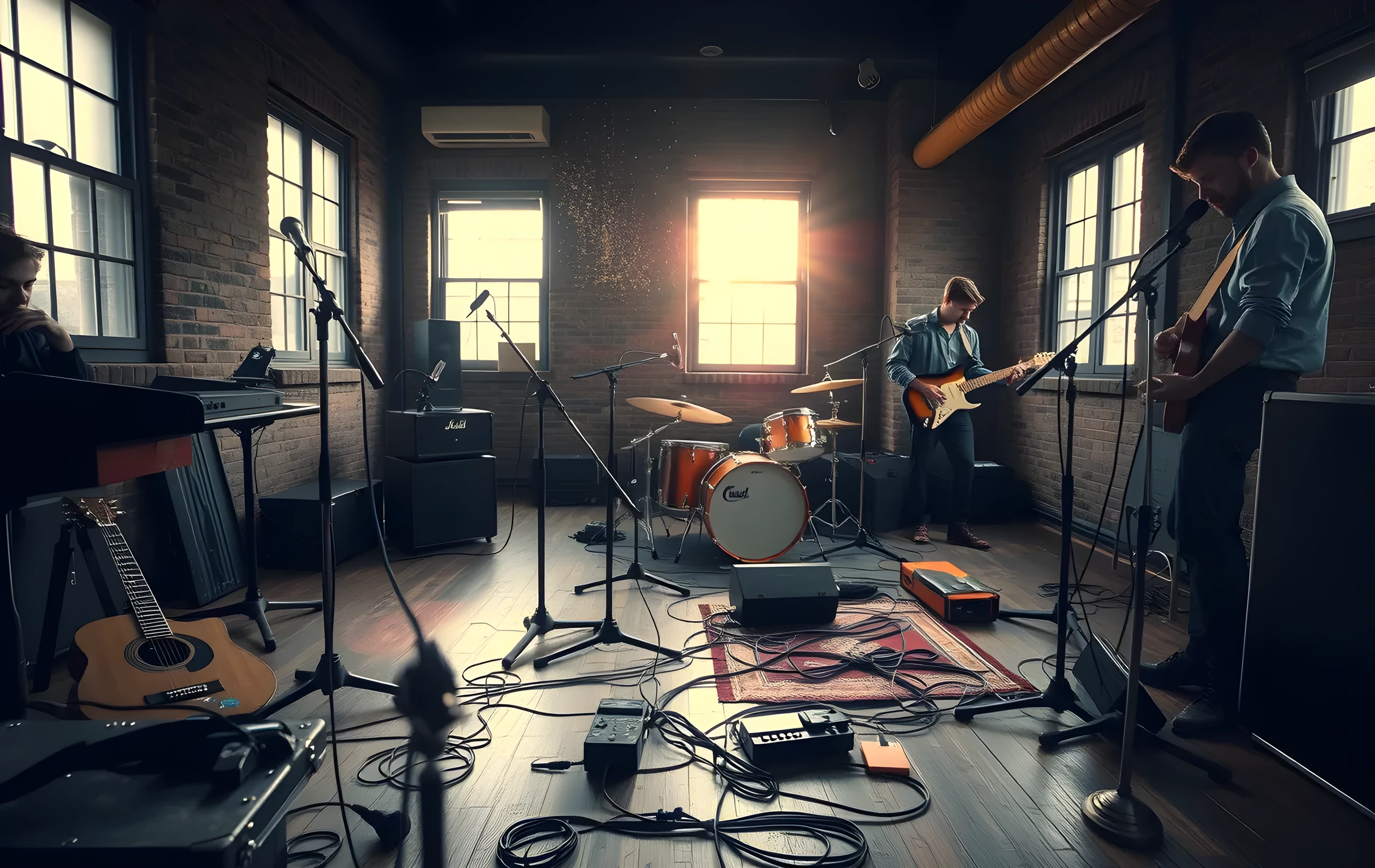 A dimly lit rehearsal room at dusk where a three-piece band stands scattered around vintage microphones and tangled instrument cables on a worn wooden floor. Sunlight slices through dusty windows, illuminating floating dust particles above a drum kit positioned near a brick wall. The musicians are visible from the waist down, focused on adjusting pedals and tuning guitars while equipment cases rest against the perimeter