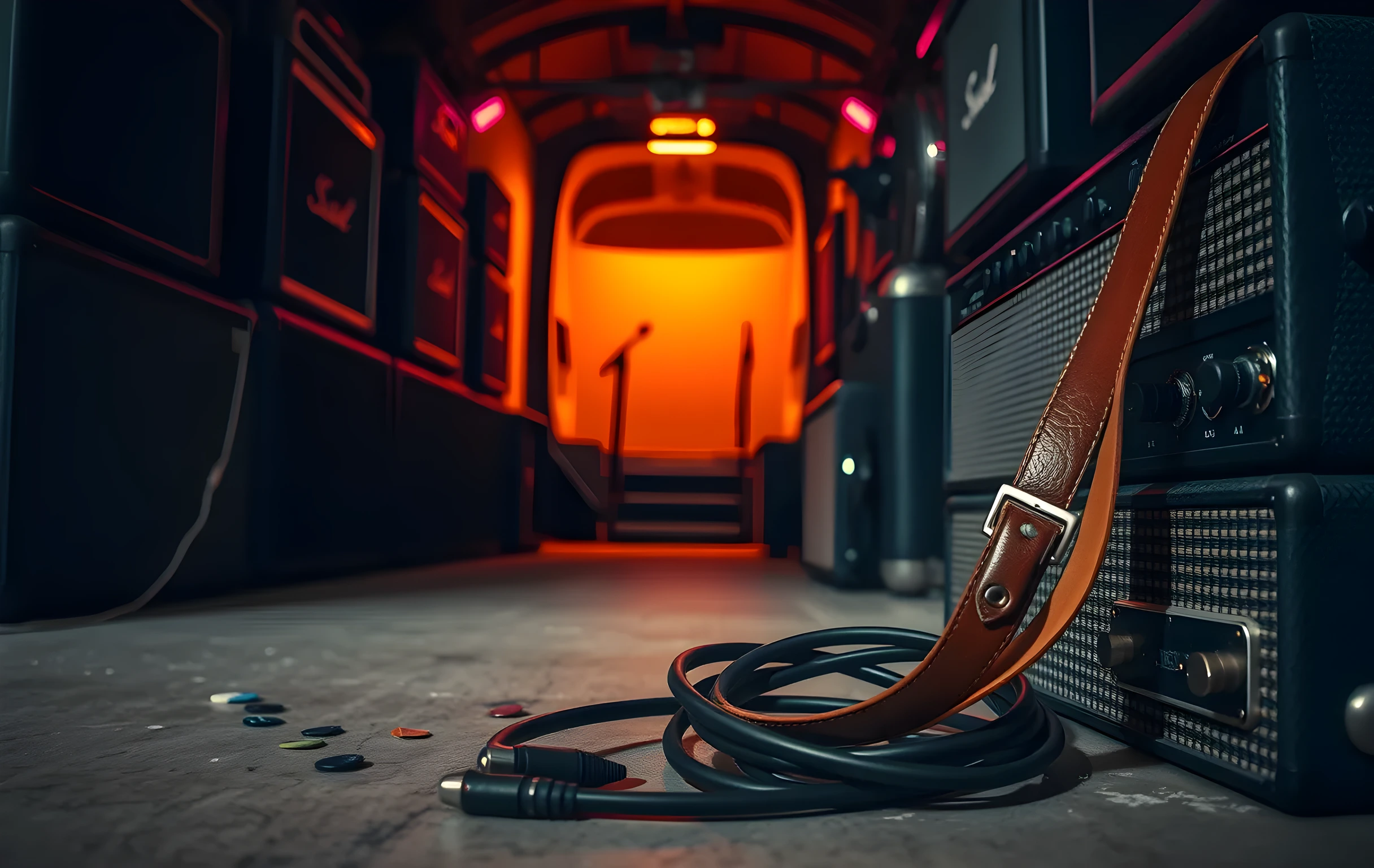 A narrow backstage corridor lined with stacked amplifier cabinets and coiled XLR cables resting on scuffed concrete flooring. A single tour van door stands open in the background, casting a warm amber glow across scattered guitar picks and a weathered leather strap draped over an amp handle. The perspective stays at mid-distance, capturing the texture of worn tube grilles and metallic hardware under low overhead lighting