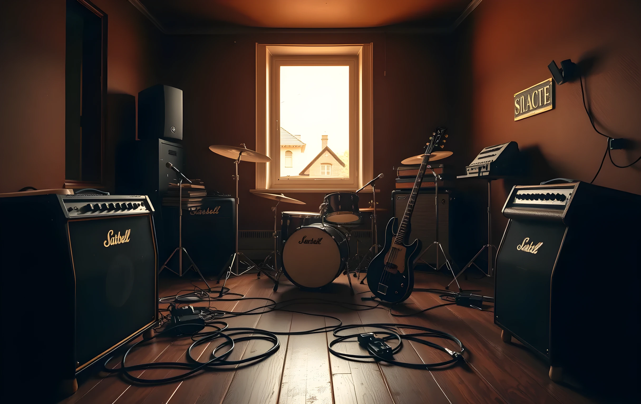 A wide interior shot of a small rehearsal room at golden hour, warm amber light spilling through a single window onto a drum kit, two vintage tube amplifiers with dented grilles, a bass guitar on a stand, tangled cables across scarred wooden floorboards, a stack of vinyl records on a low shelf in the background, no people visible, the whole room captured from one corner looking across