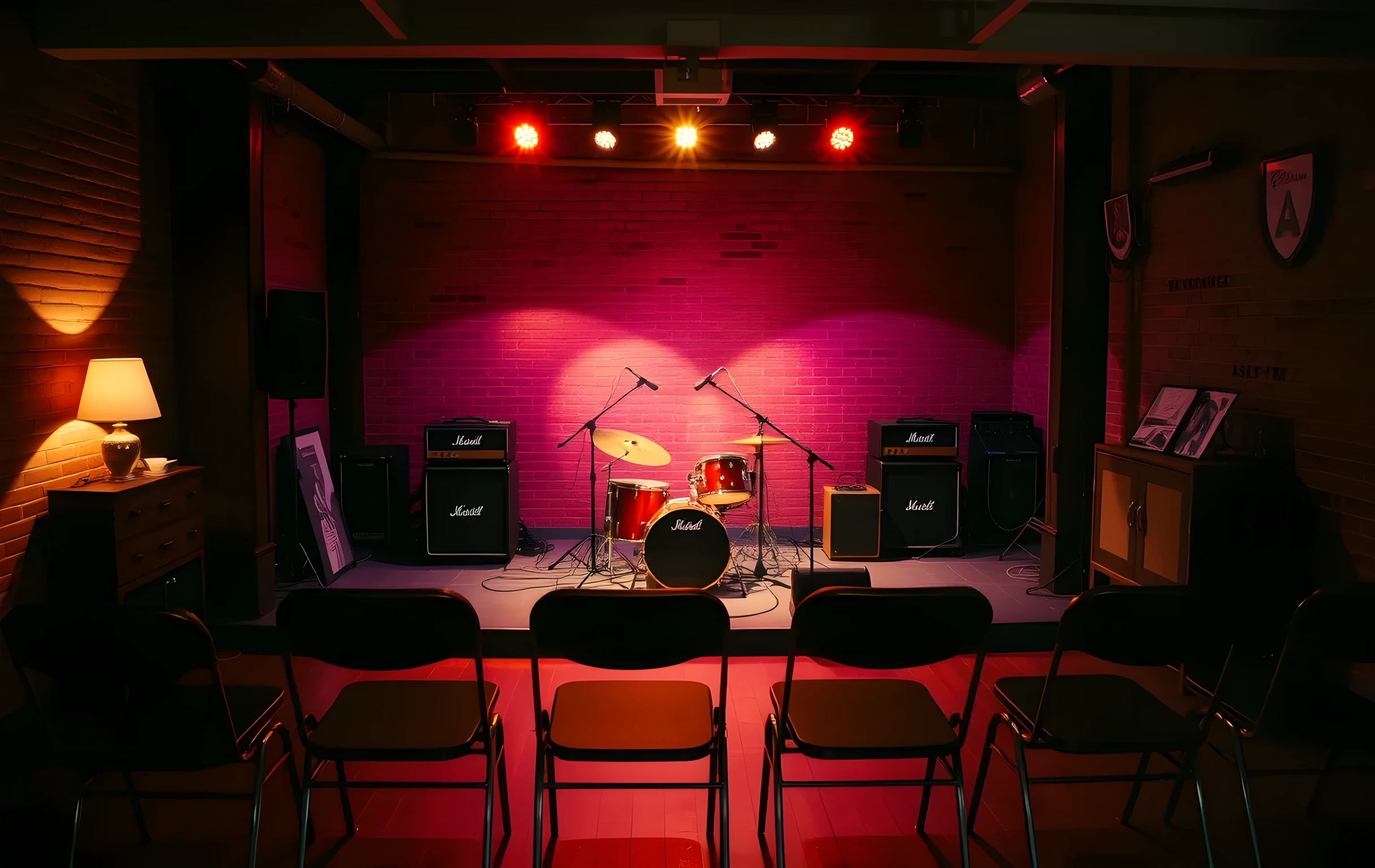 A small music venue stage seen from the back of the room at golden hour, warm amber light spilling through dusty overhead spotlights onto a full drum kit and two stacked guitar amplifiers set up mid-rehearsal, thick cables snaking across worn dark-wood flooring, exposed red brick on the rear wall with faint water stains, rows of empty folding metal chairs in the foreground slightly out of focus, no people visible, the whole scene lit by a single practical lamp on a side table casting long shadows