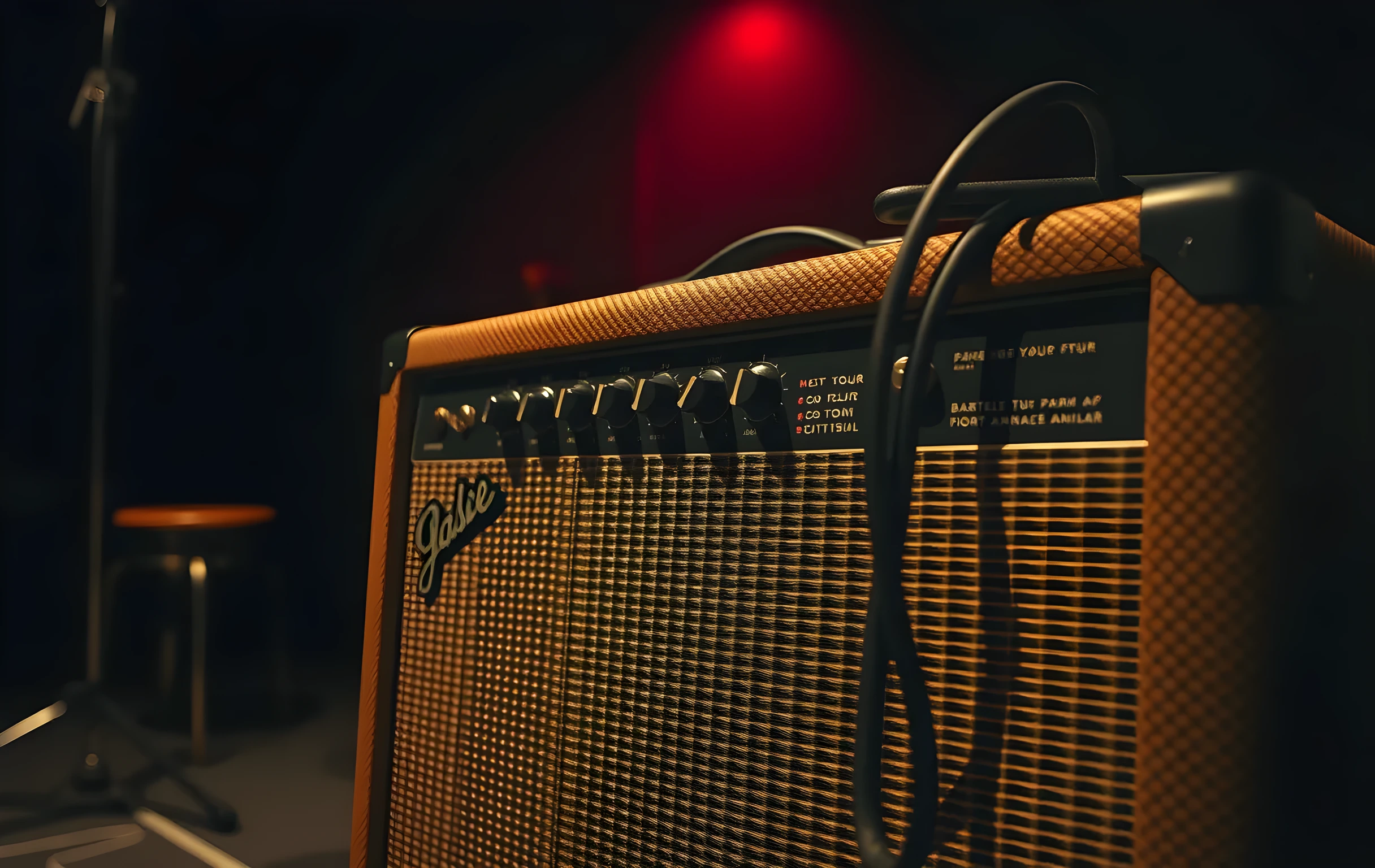 A low-angle close view of the back panel and speaker grille of a vintage guitar amplifier in a dim rehearsal room, warm tungsten light catching the knurled metal volume and tone knobs and the woven cloth texture of the cabinet, a coiled black instrument cable draped loosely over the top edge, the background softly blurred to reveal dark silhouettes of a bass amp and a stool against a plywood wall, no people, no text, no screens