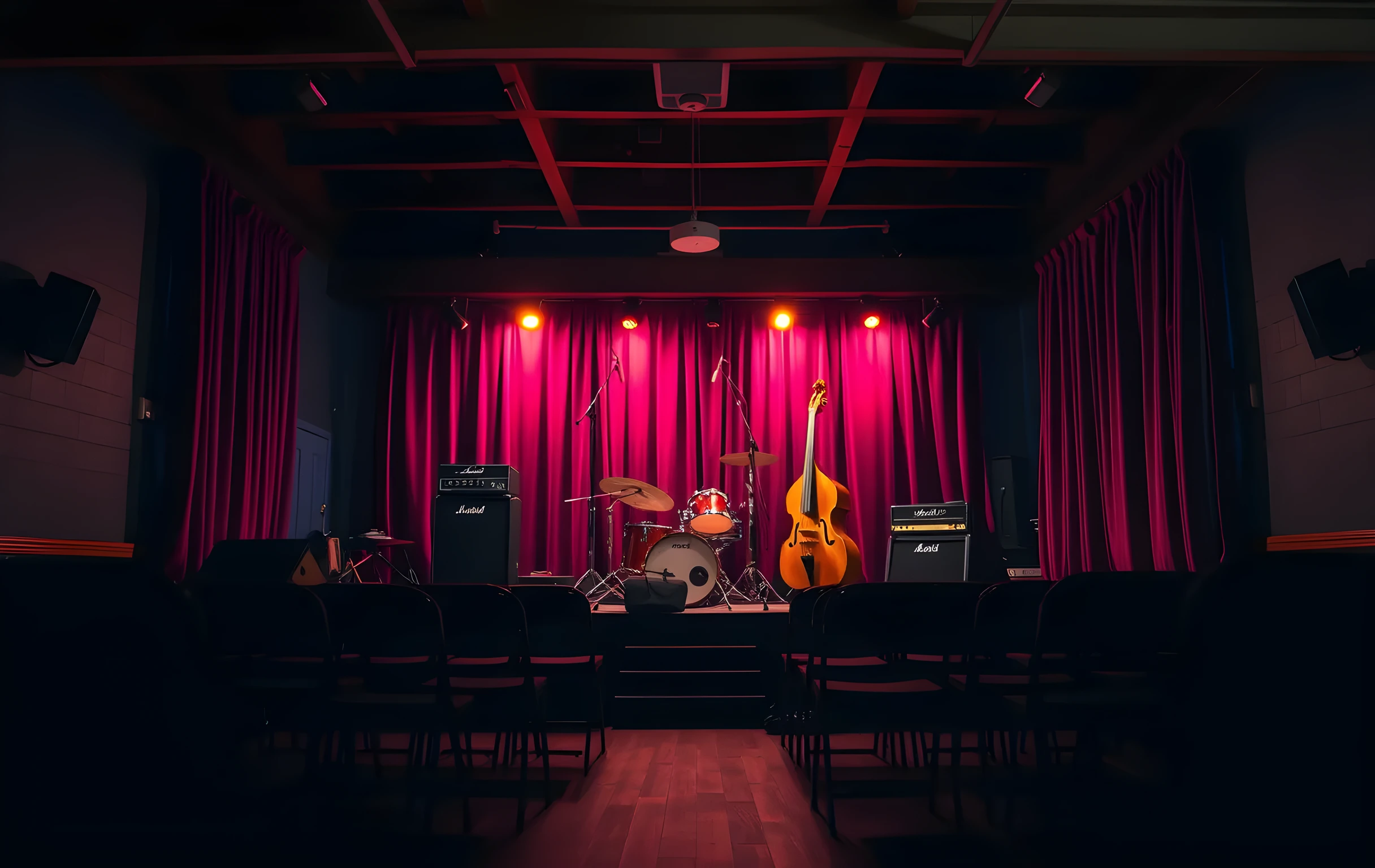 A wide-angle view of an empty small venue stage at dusk seen from the back row, warm amber practical lights glowing over a full drum kit, two guitar amps with cloth covers, and a bass on its stand, red velvet curtains pulled open on both sides, rows of folding chairs in soft shadow in the foreground, the ceiling low with exposed wooden beams and a single overhead work light, the whole scene quiet and still as if the band just left