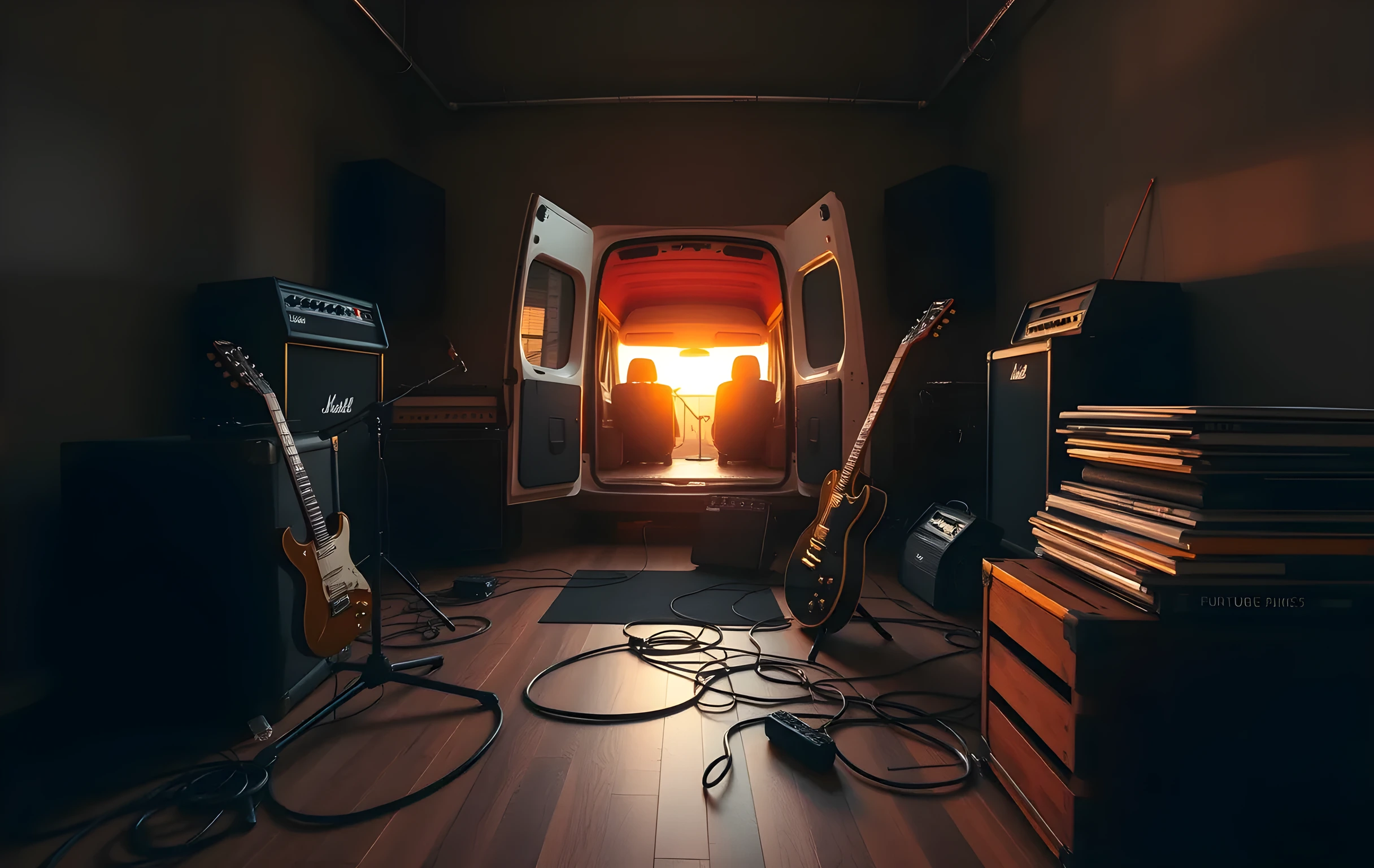 A wide-angle view of a small rehearsal room at golden hour: an amp stack humming in the corner, two electric guitars on stands, cables snaking across worn hardwood floorboards, a battered tour van visible through the open back door with warm sunset light spilling in, a half-stacked pile of vinyl records on a wooden crate, no people in frame, the space feels lived-in and slightly cluttered
