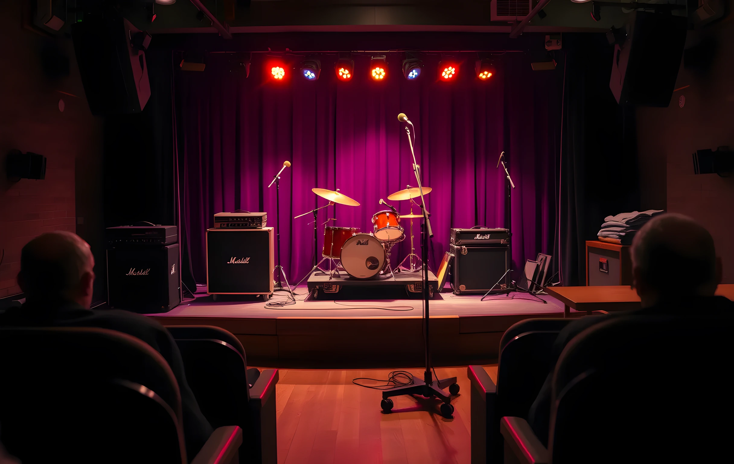 A small live-music venue stage photographed from the back rows after a set has ended. Two amplifier stacks with visible speaker cones stand at either end, a drum kit with cymbals catches warm amber overhead light, instrument flight cases lie half-open on the worn wooden floor, and a folding table near the stage lip is stacked with folded t-shirts and vinyl sleeves in neat piles. The empty audience seating in the foreground is softly out of focus. No people visible. Warm tungsten lighting, slight haze in the air