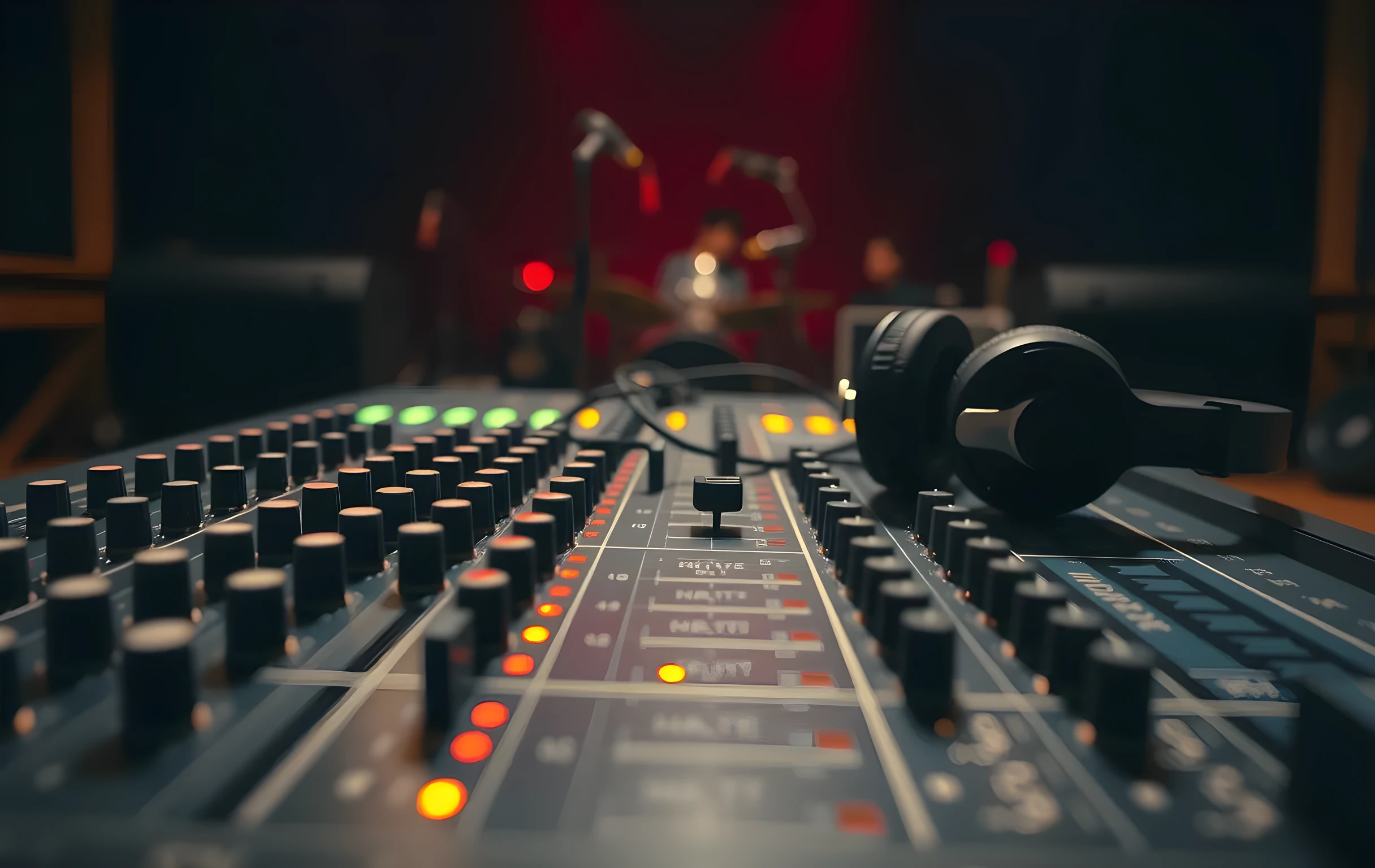 A tight detail shot across the surface of an analog mixing console in a rehearsal room. Faders rest at various positions, rotary knobs with small indicator lines are turned to different settings, a tangle of patch cables plugs into jack holes, and a pair of over-ear studio headphones lies on the far edge of the desk. Warm green and amber LED level indicators glow softly along the top panel. Shallow depth of field blurs the background into indistinct warm shapes. No text visible, no hands, no faces