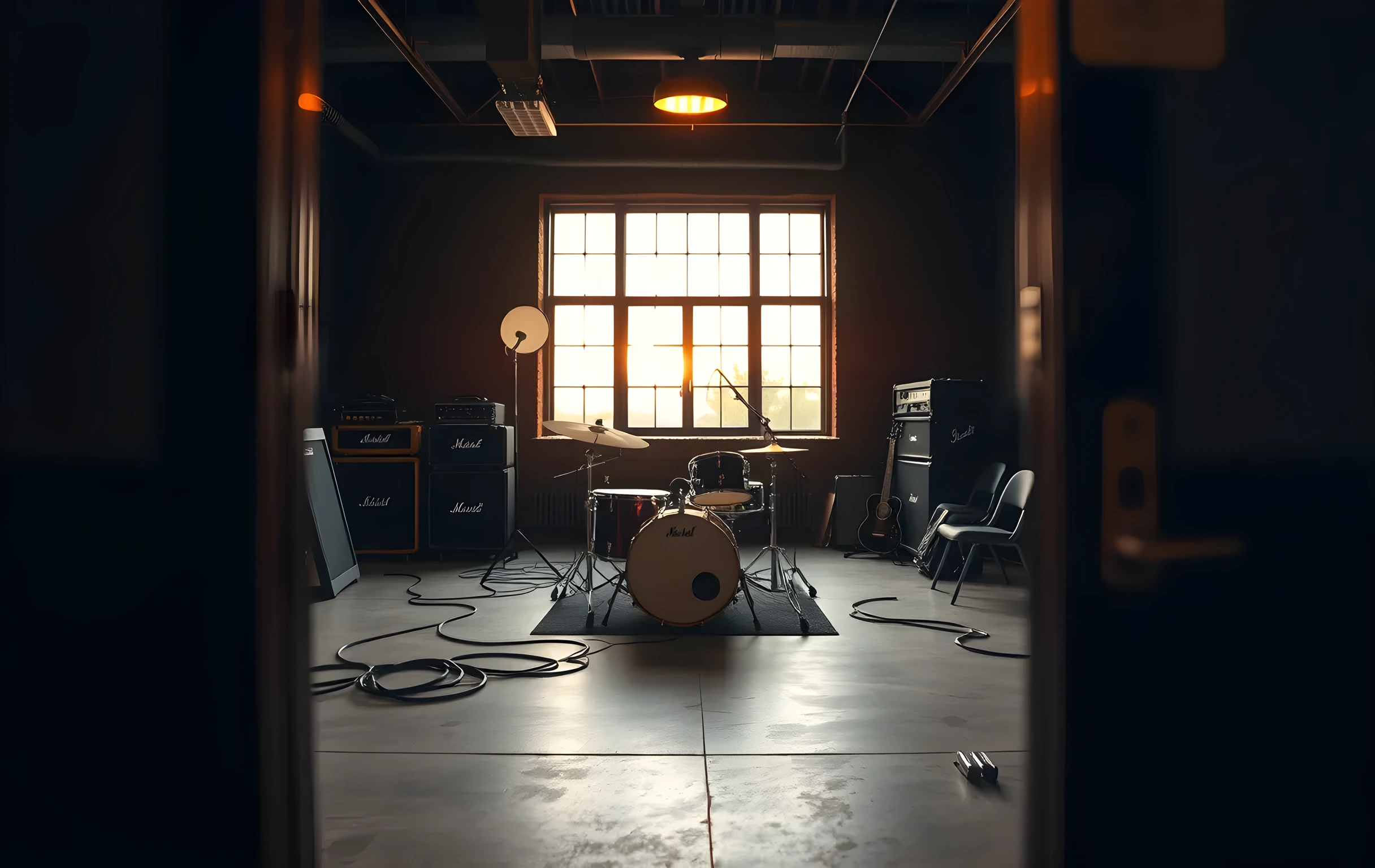 A wide shot of a rehearsal room at golden hour seen from the doorway: a full drum kit centered under a single warm overhead fixture, a stack of vintage bass amplifiers against the left wall, thick cables snaking across raw concrete floor, three empty folding chairs stacked along the right wall, a guitar on a stand in the background, dust motes visible in the slanted afternoon light through a high industrial window. Medium-far perspective showing the entire room and its textures