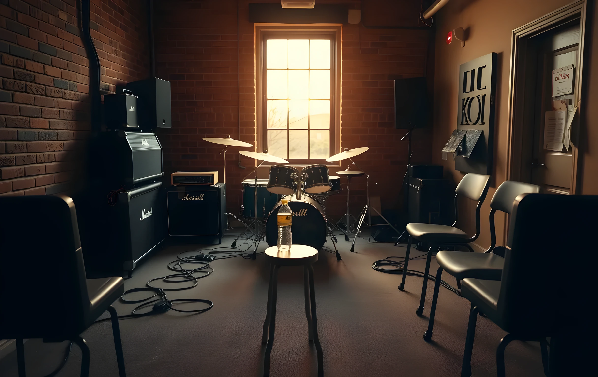 Wide shot of a small rehearsal room at golden hour, warm light spilling through a single window onto a drum kit, two amplifiers stacked against a brick wall, cables snaking across worn carpet, a half-empty water bottle on a stool, empty chairs arranged in a loose semicircle, the space feels lived-in and slightly chaotic with music stands and a torn setlist pinned to a door