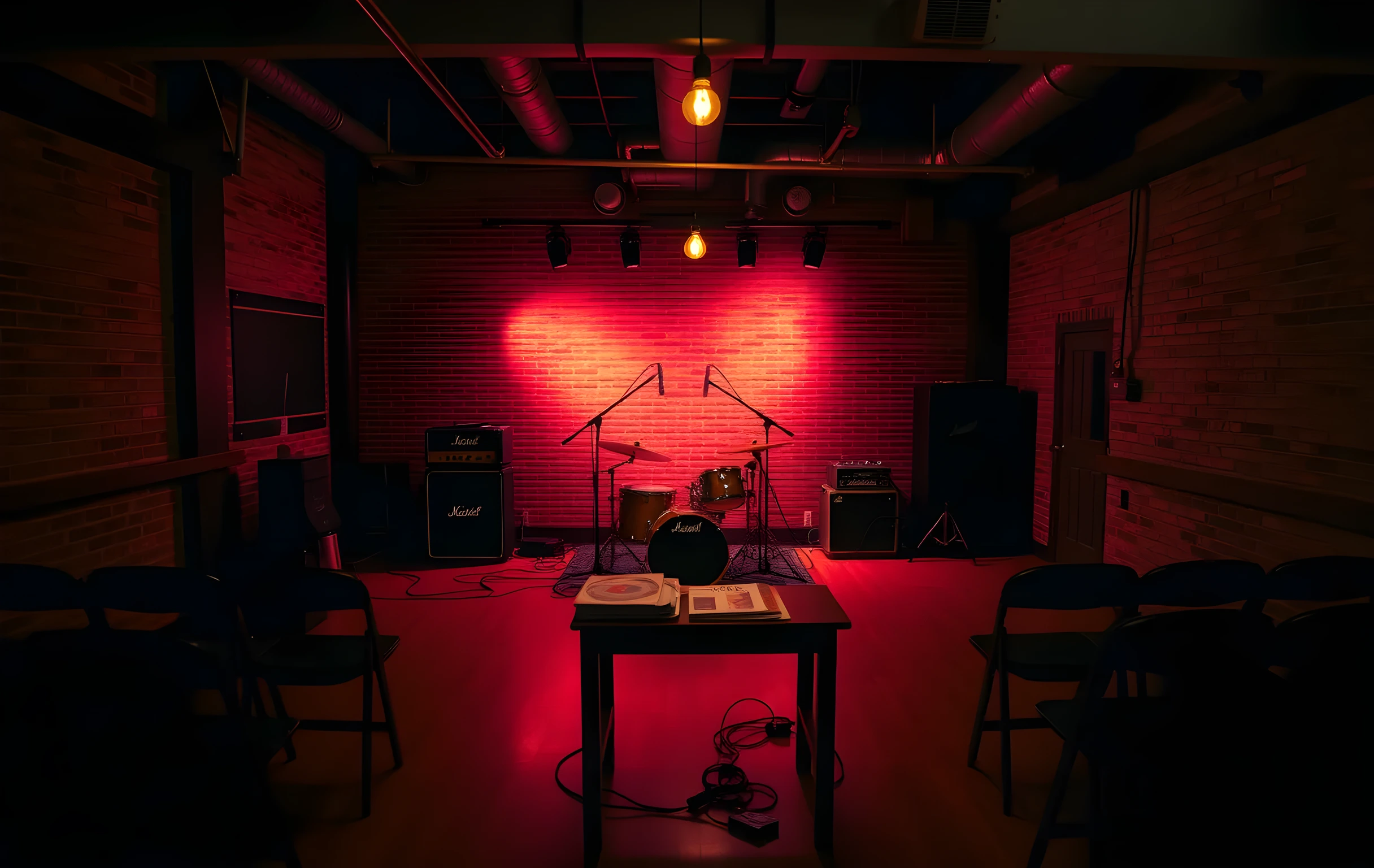 A small brick-walled music venue at dusk shot from the audience looking stage-left wide angle, a full drum kit and two guitar amplifiers silhouetted against warm amber stage lighting, cables snaking across the worn hardwood floor toward empty rows of folding chairs, a low wooden table in the mid-ground holding vinyl records and folded sticker sheets, exposed industrial ductwork and a single string of Edison bulbs along the ceiling, no people visible