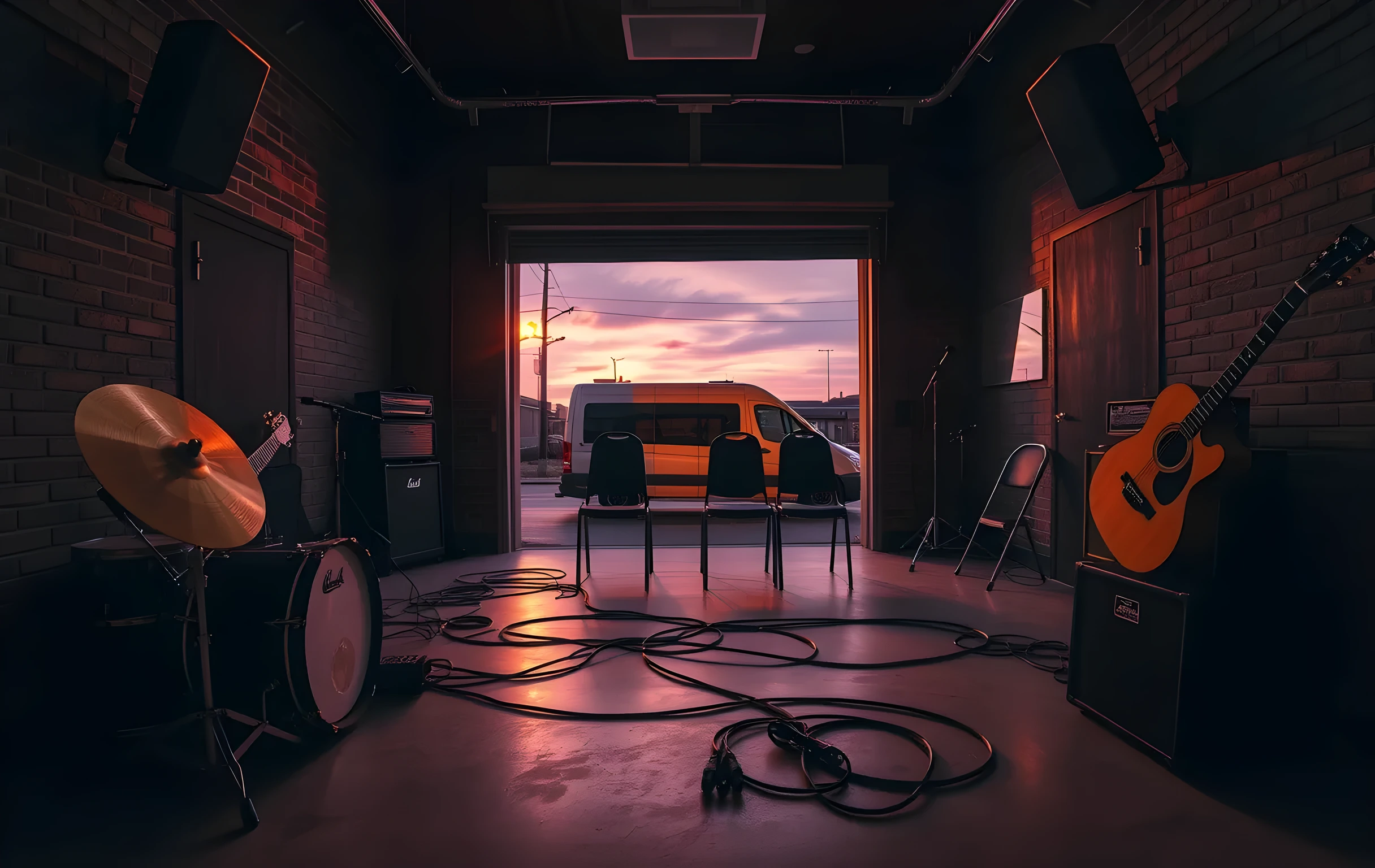 A wide interior view of a small rehearsal room at golden hour. Brick walls, a drum kit with cymbals catching warm amber light, two guitar amplifiers stacked against the far wall, tangled cable runs across a stained concrete floor, a row of empty folding chairs facing a low stage area. Through an open garage door at the back, a dusty tour van is parked under a dusky purple sky with a few streetlights just beginning to glow. No people visible. The room feels lived-in, slightly cluttered, real