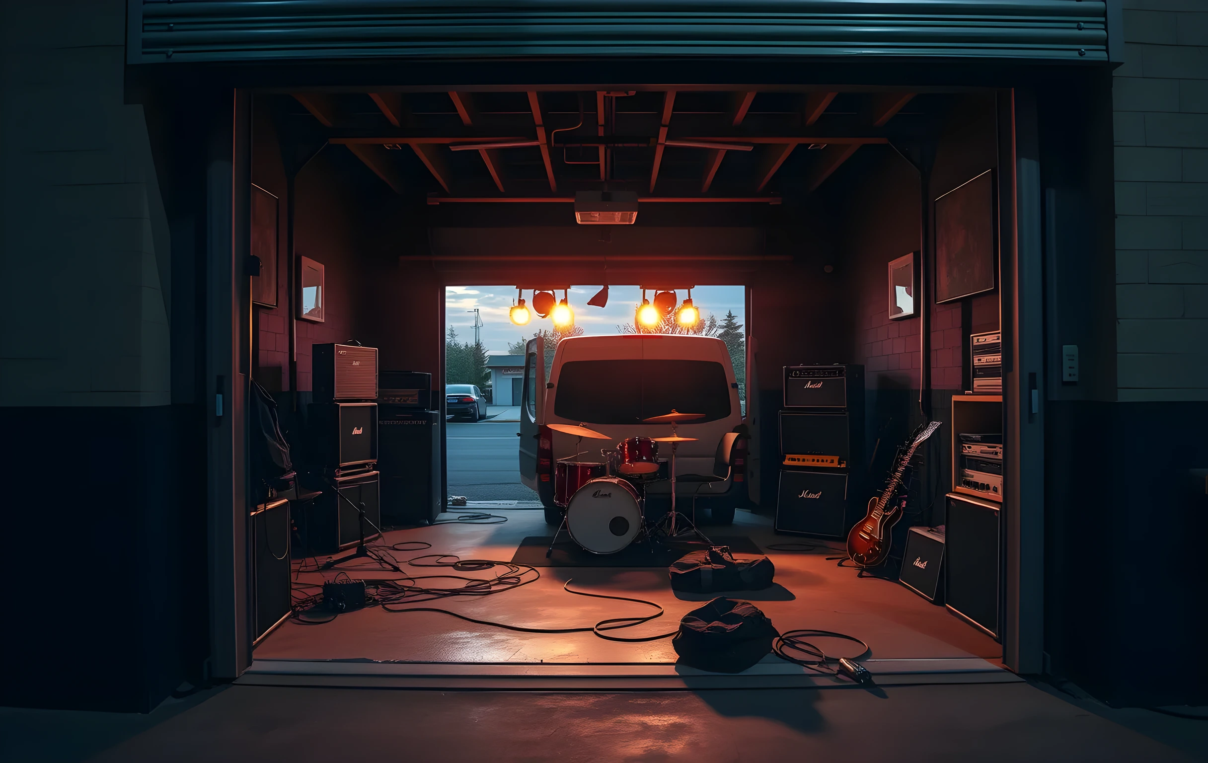 A wide interior shot looking through an open heavy metal roller door into a garage rehearsal space at dusk, warm tungsten work lights glowing above a drum kit mid-setup, guitar amps stacked against the back wall with cables snaking across concrete floor, a battered tour van partially visible parked just outside the door in fading blue evening light, empty chairs and a duffel bag on the floor, no people present, muted industrial tones