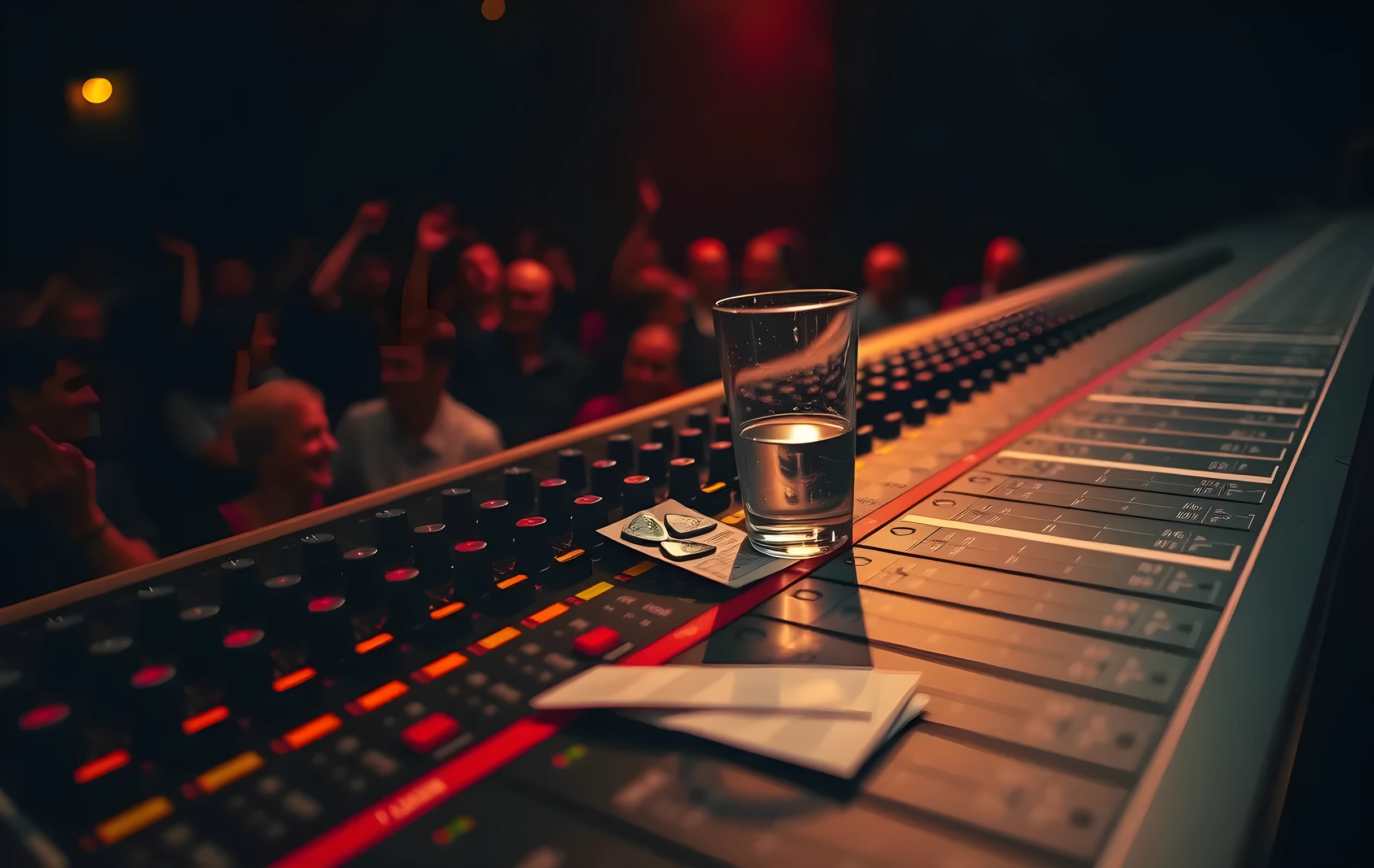 A close three-quarter view of a small venue mixing console desk at an angle, rows of faders and rotary knobs catching warm amber stage-light spill, a few guitar picks and a crumpled setlist card scattered near the edge of the desk surface, a half-full plastic water glass sitting between channel strips, shallow depth of field blurring the dark audience area behind, no text visible on any surface