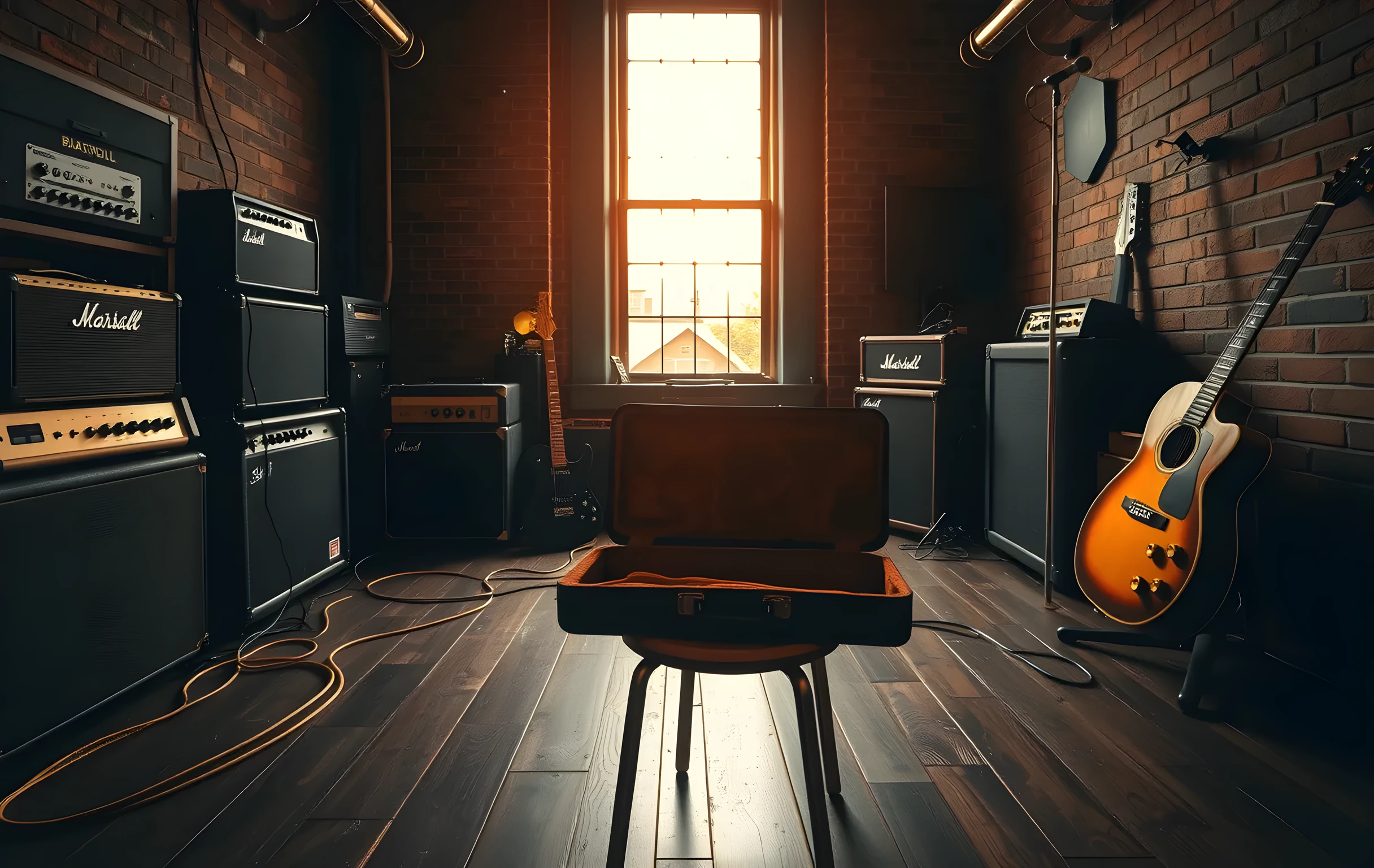 A wide interior view of a small rehearsal room at golden hour, a wall of vintage tube amplifiers glowing amber, thick instrument cables snaking across scarred dark hardwood flooring, an open guitar case resting on a worn wooden stool, warm low-angle sunlight streaming through a tall industrial window and filling the room with drifting dust motes, a second guitar leaning against a brick wall in the background, the whole space slightly cluttered and lived-in