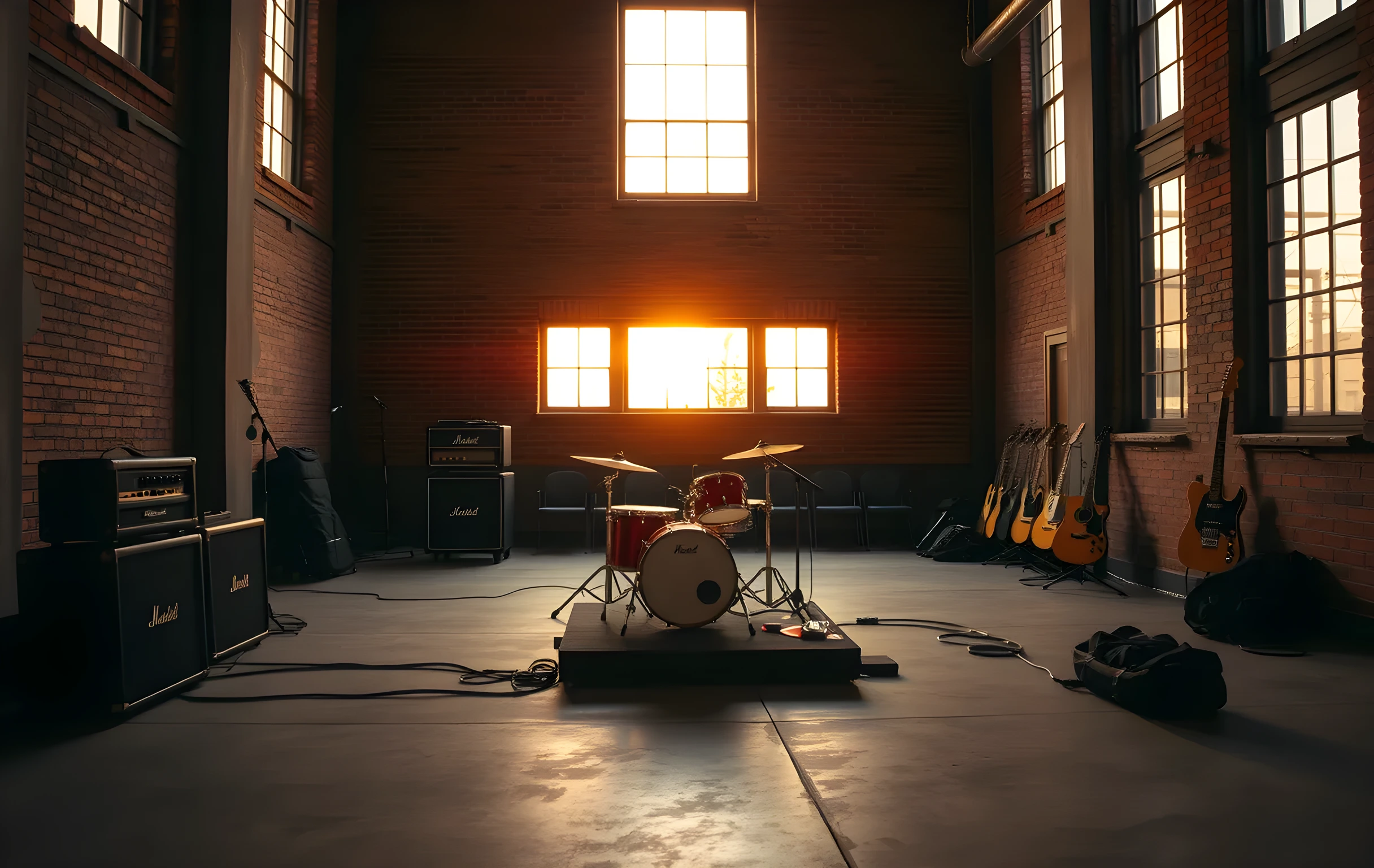 A wide interior view of a brick-walled rehearsal room at golden hour, warm amber light streaming through tall industrial windows onto a concrete floor. A drum kit sits center-frame on a low riser, two amplifiers glow faintly to the left, cables snake across the ground toward a guitar amp stack. Three electric guitars hang on wall pegs in the background, a row of empty folding chairs is stacked against the far wall, and a duffel bag rests near the door. The room feels lived-in and slightly dusty, lit entirely by the low sun