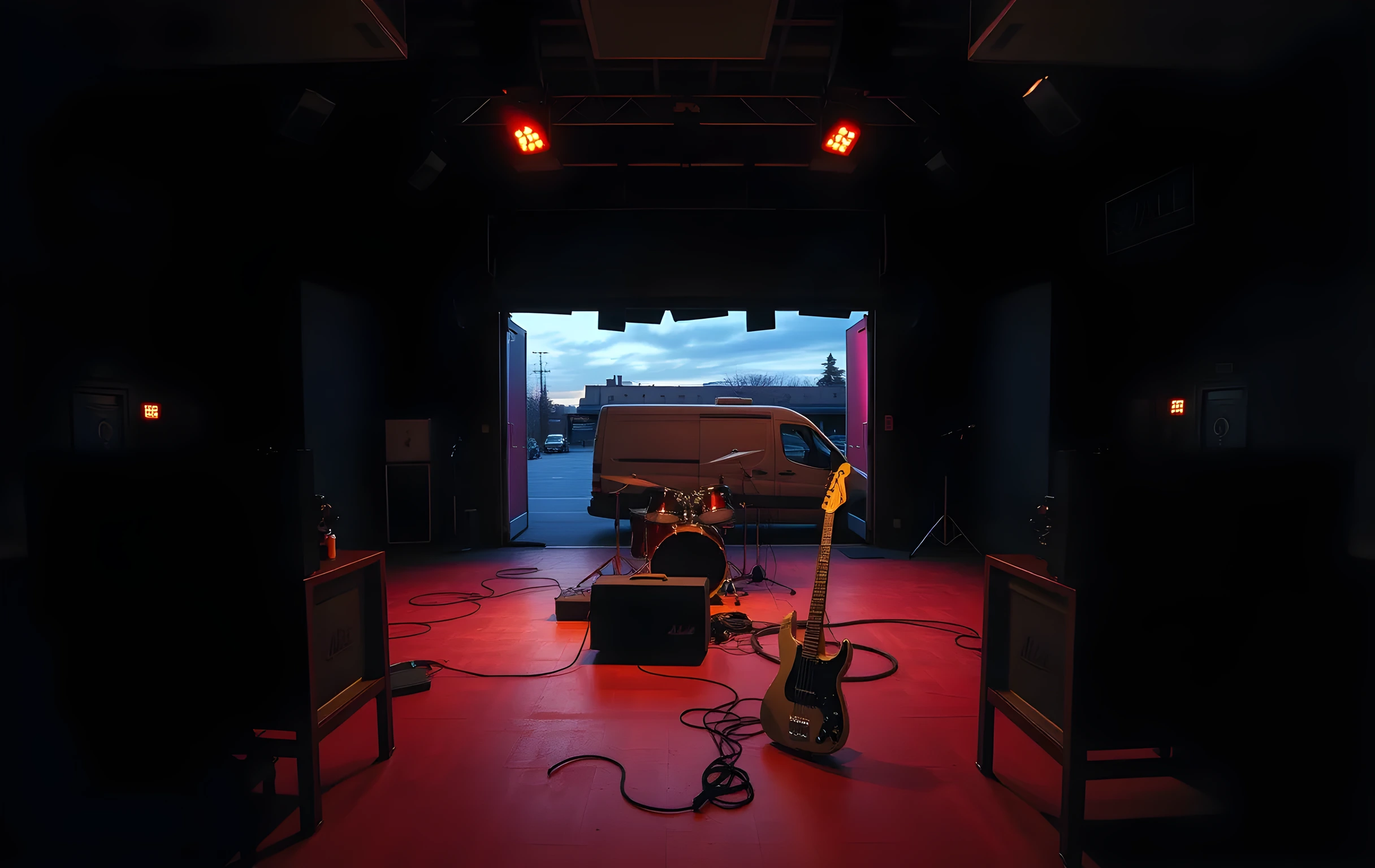 Wide interior shot of a small music venue stage after a performance: drum kit slightly askew, two amplifiers and a bass guitar left on their stands, cables pooled on the worn wooden floor. Dim warm stage lights still glowing overhead. The empty audience seating area stretches into soft shadow beyond the front row. Heavy loading-dock doors at the back are cracked open, revealing a deep blue dusk sky and the faint outline of a tour van parked outside. The whole room is captured in a single wide frame with no people present